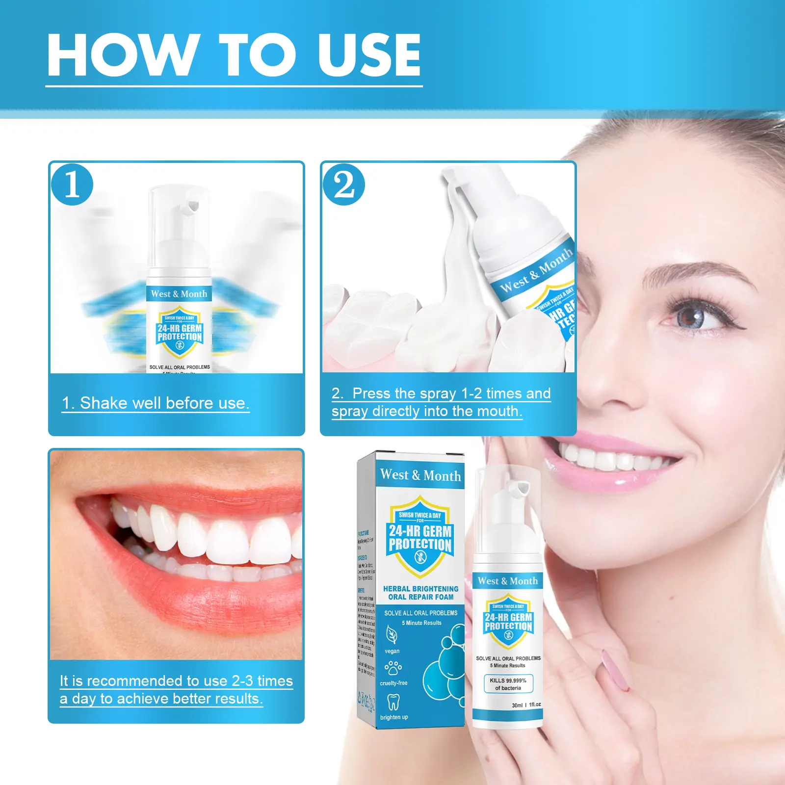 Herbal Teeth Whitening Foam for Bad Breath & Stain Removal - West&Month 3 herbal oral foam clean breath stains whiten West Month 433 6703