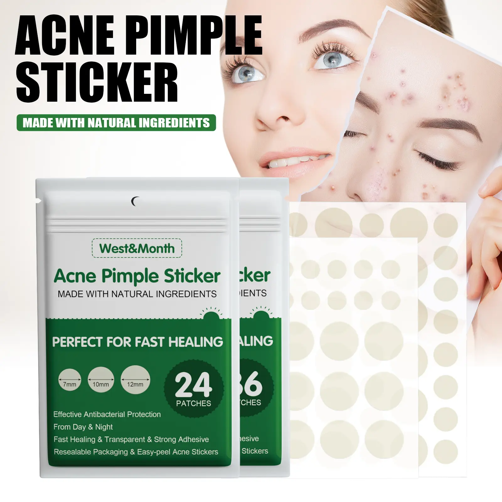 Hydrocolloid Acne Patches - Invisible & Breathable (24 Count) | West&Month 2 hydrocolloid acne patches 24pcs invisible West Month 025 1426