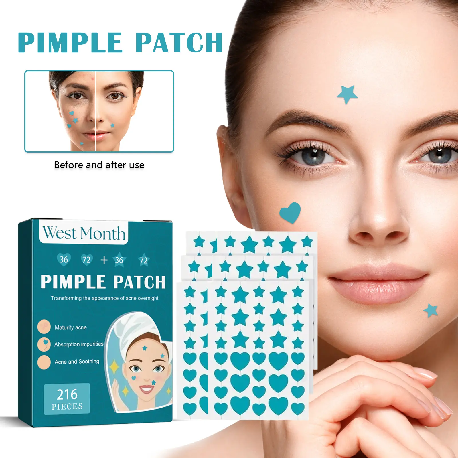 Hydrocolloid Acne Patches - Invisible Waterproof Spot Treatment - West&Month 2 hydrocolloidal acne patch repair acne West Month 020 1356