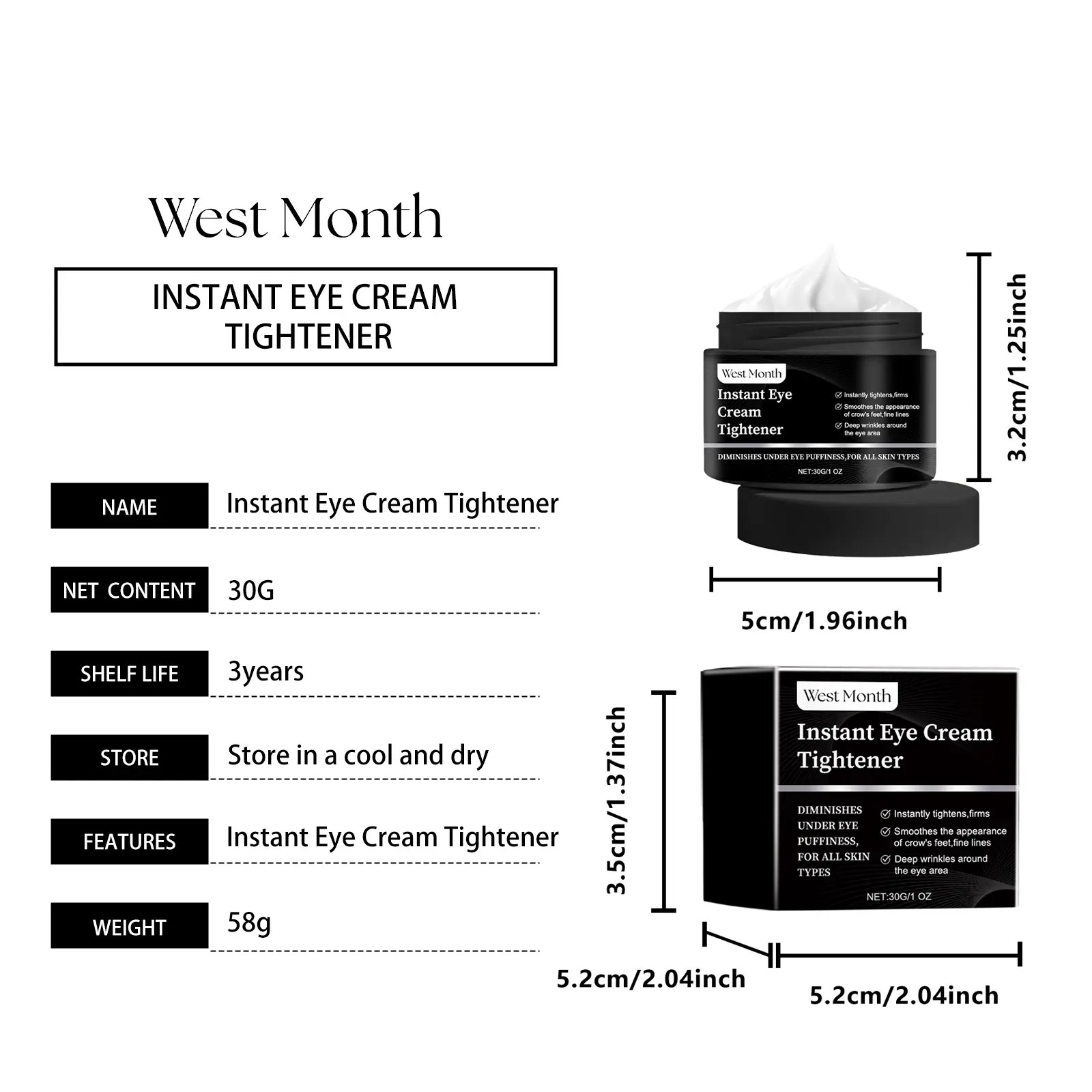 Eye Cream for Dark Circles, Puffiness & Wrinkles - West&Month 1 instant eye tightener moisture nourish repair dark West Month 410 6384