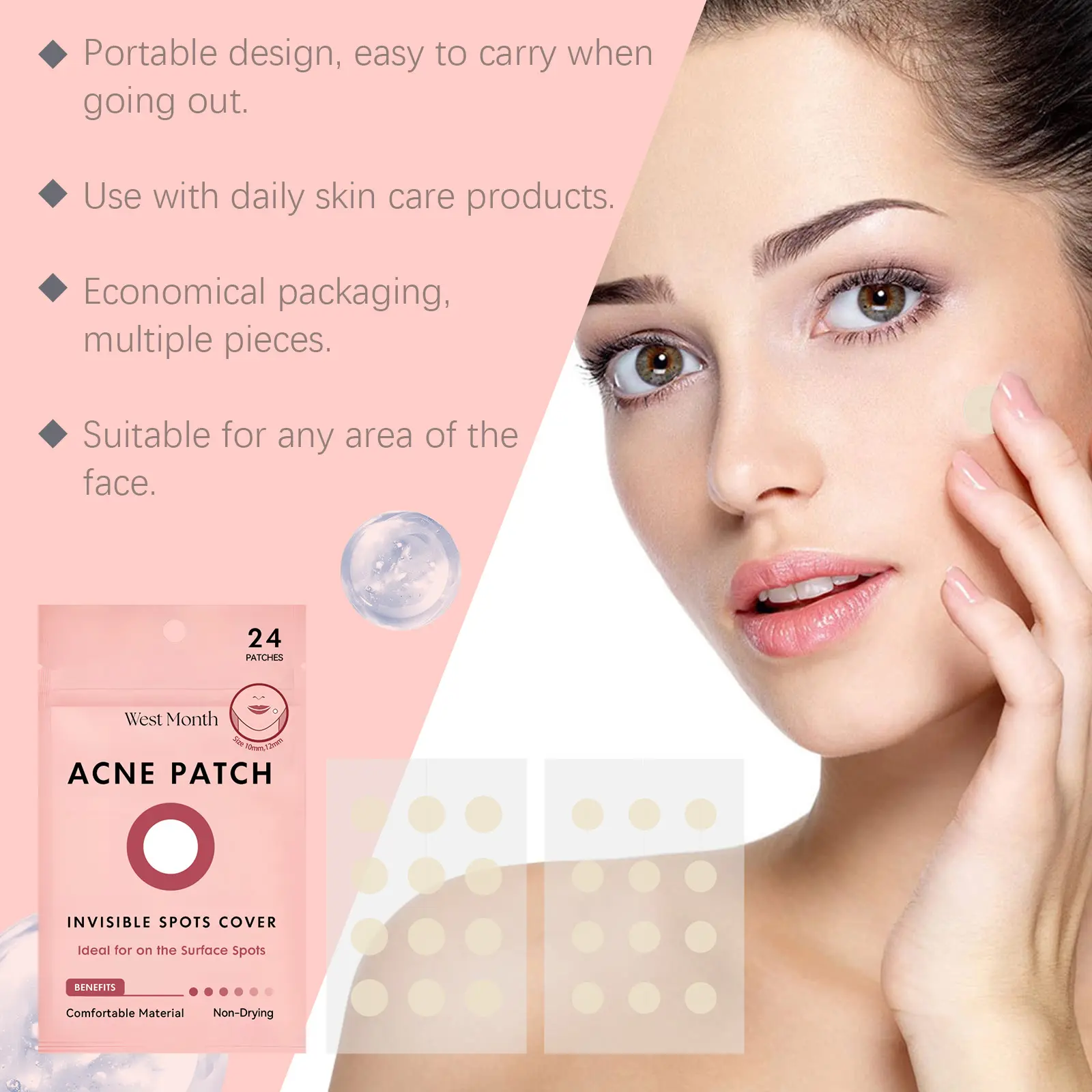 Invisible Acne Patches with Salicylic Acid & Snow Root - West&Month 8 invisible acne patch gentle clean moisturize portable West Month 481 7381