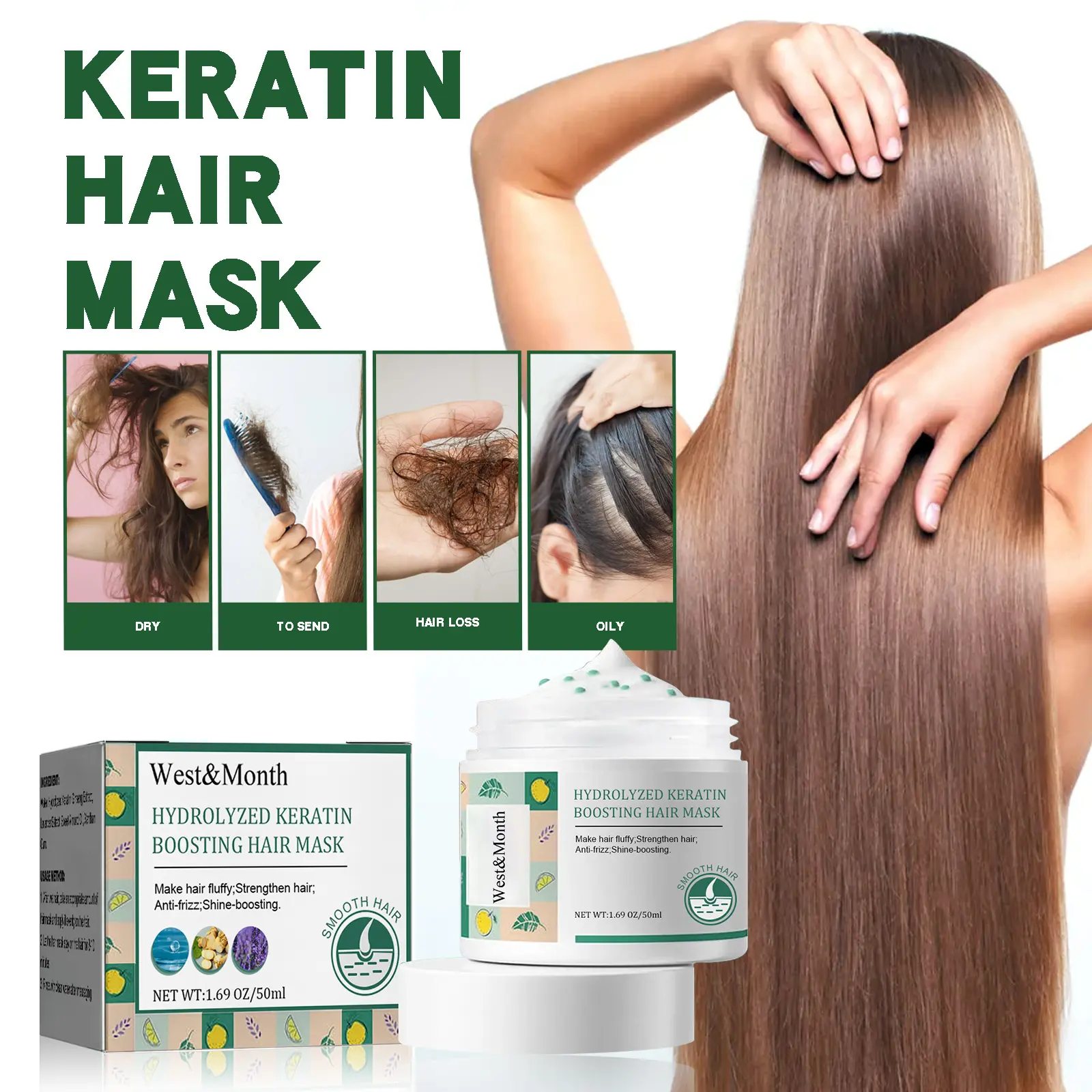 Keratin Hair Mask for Dry & Frizzy Hair Repair - West&Month 1 keratin hair mask moisturize repair split ends West Month 443 6828