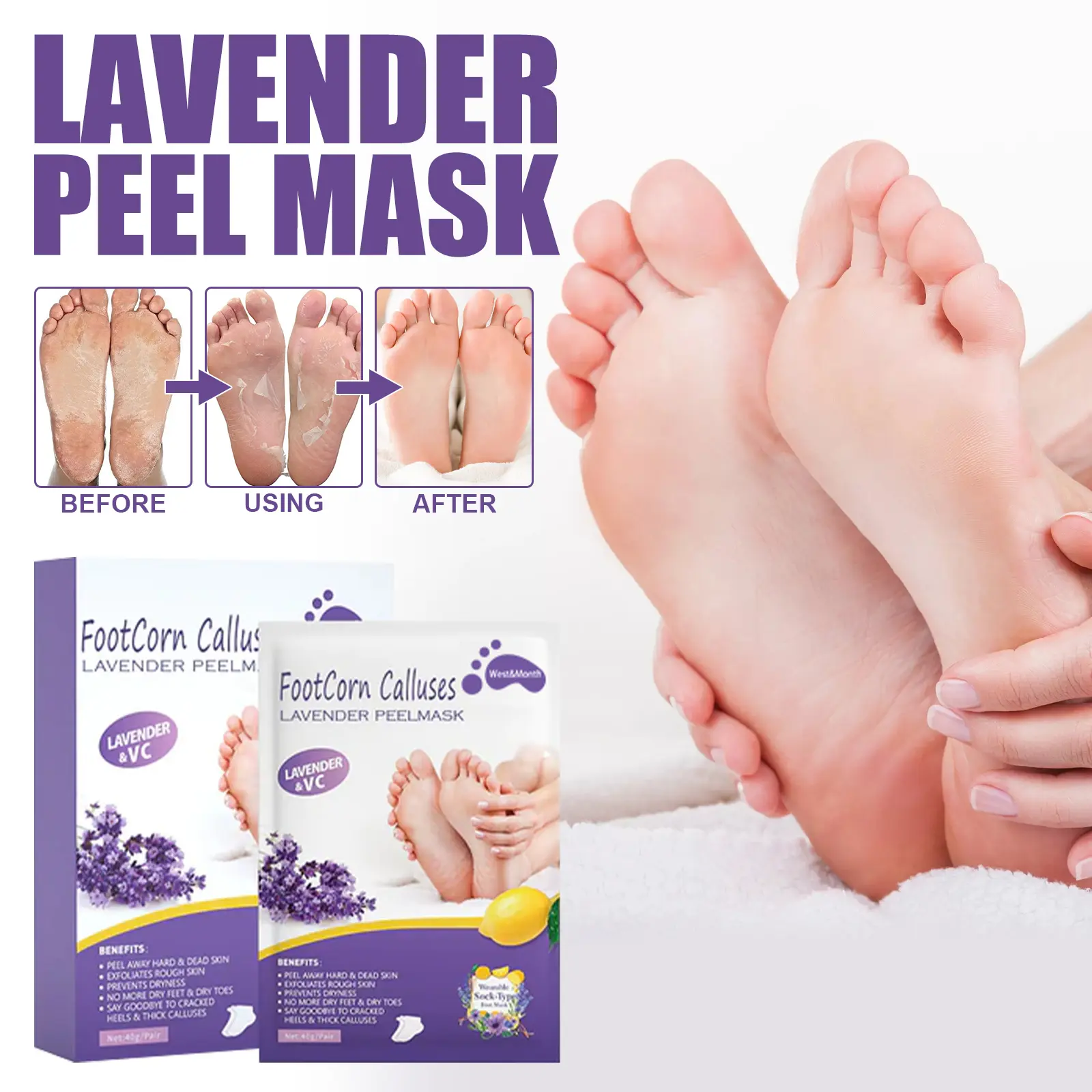 Lavender Foot Mask - Moisturizing Anti-Cracking Care - West&Month 2 lavender peel mask moisturize foot clean keratin West Month 288 4738