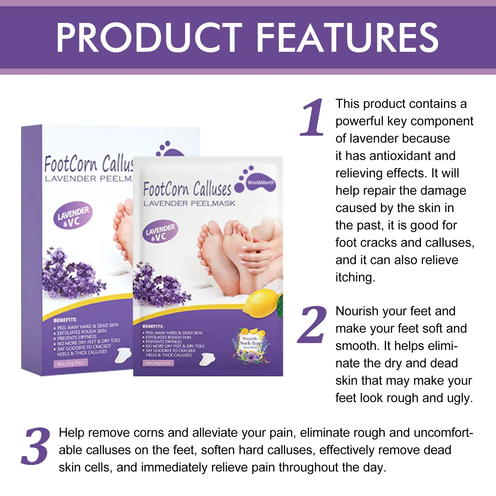 Lavender Foot Mask - Moisturizing Anti-Cracking Care - West&Month 5 lavender peel mask moisturize foot clean keratin West Month 288 4741