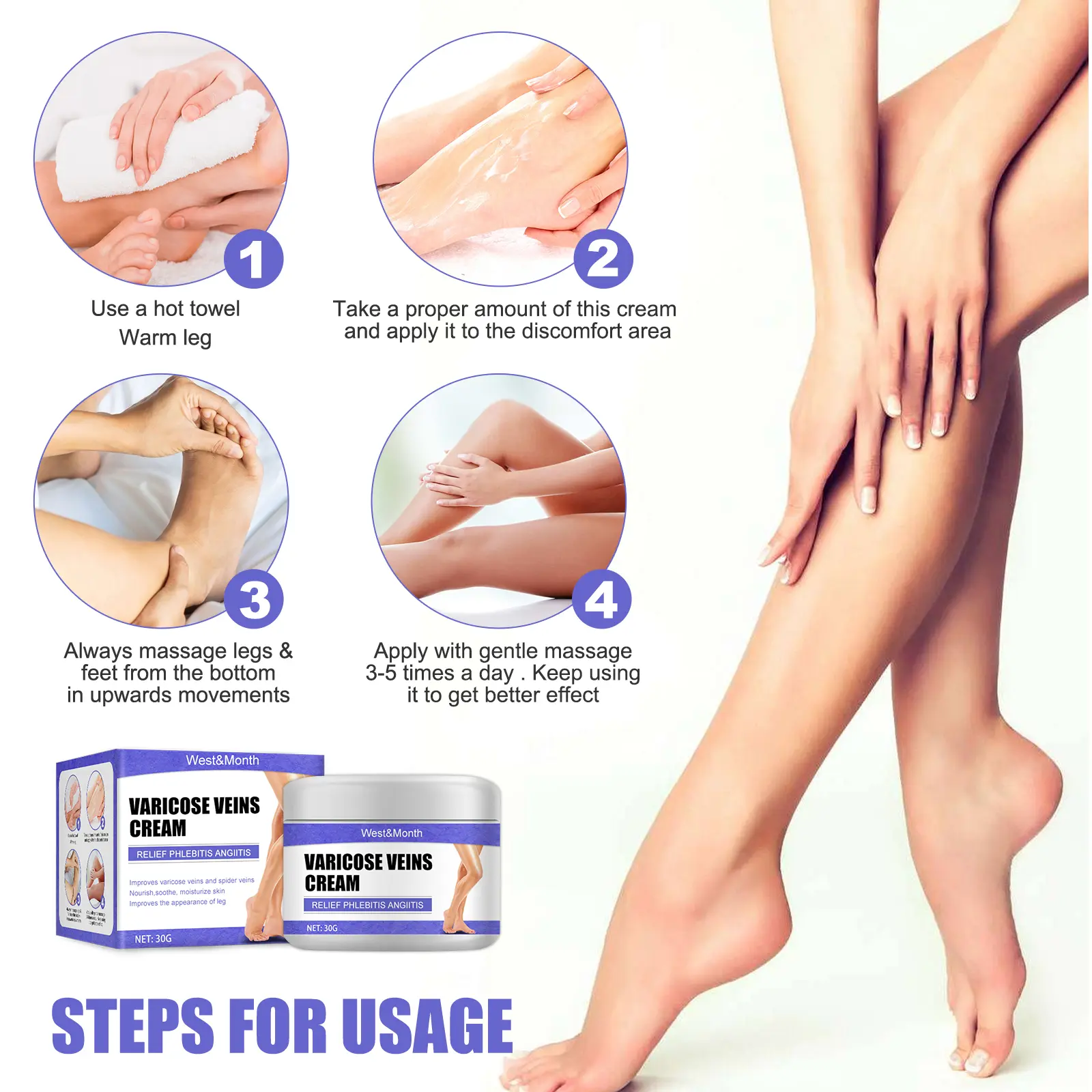 Leg Care Cream for Discomfort and Moisturizing - West&Month 3 leg care cream gentle moisturizing massage West Month 034 1538