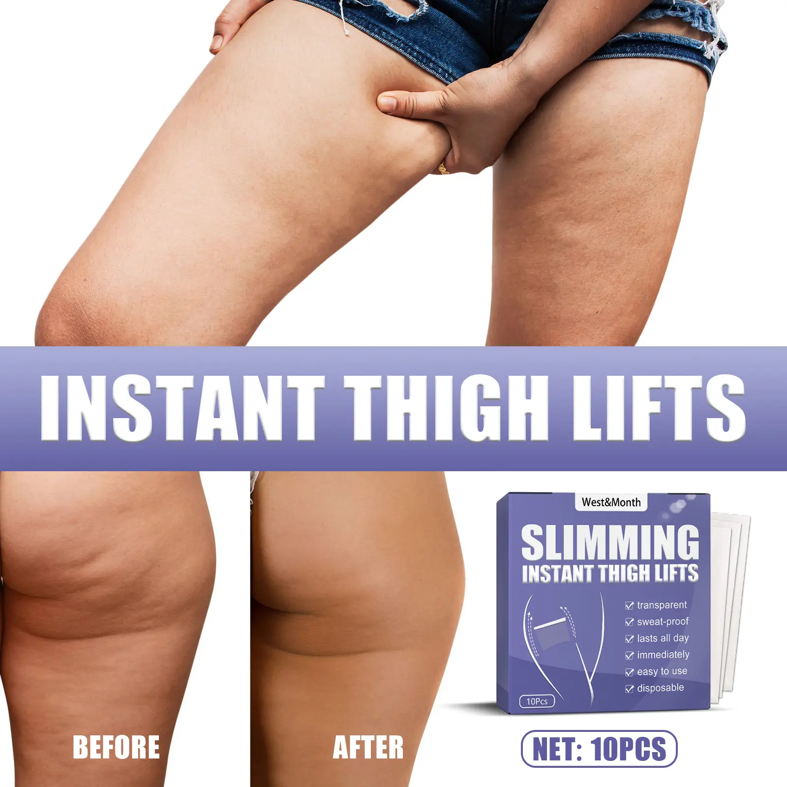 West&Month Leg Lift Patch Review: Do These Strips Actually Work? 2 Close-up of West&Month patch applied on thigh, showing smoothing effect