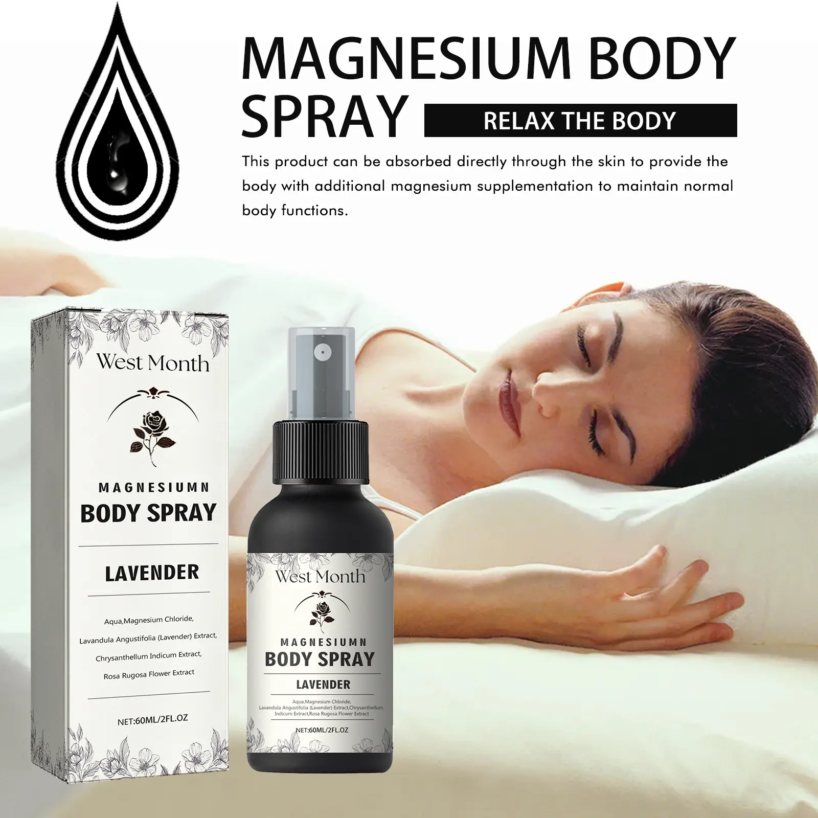 Magnesium Body Spray for Muscle Relief & Relaxation - West&Month 7 magnesium body spray relieve tension fatigue West Month 210 3742