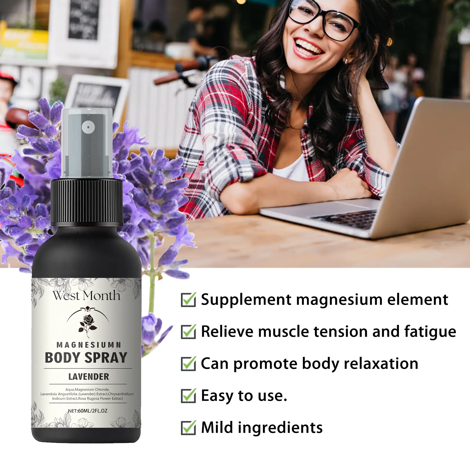 Magnesium Body Spray for Muscle Relief & Relaxation - West&Month 8 magnesium body spray relieve tension fatigue West Month 210 3743