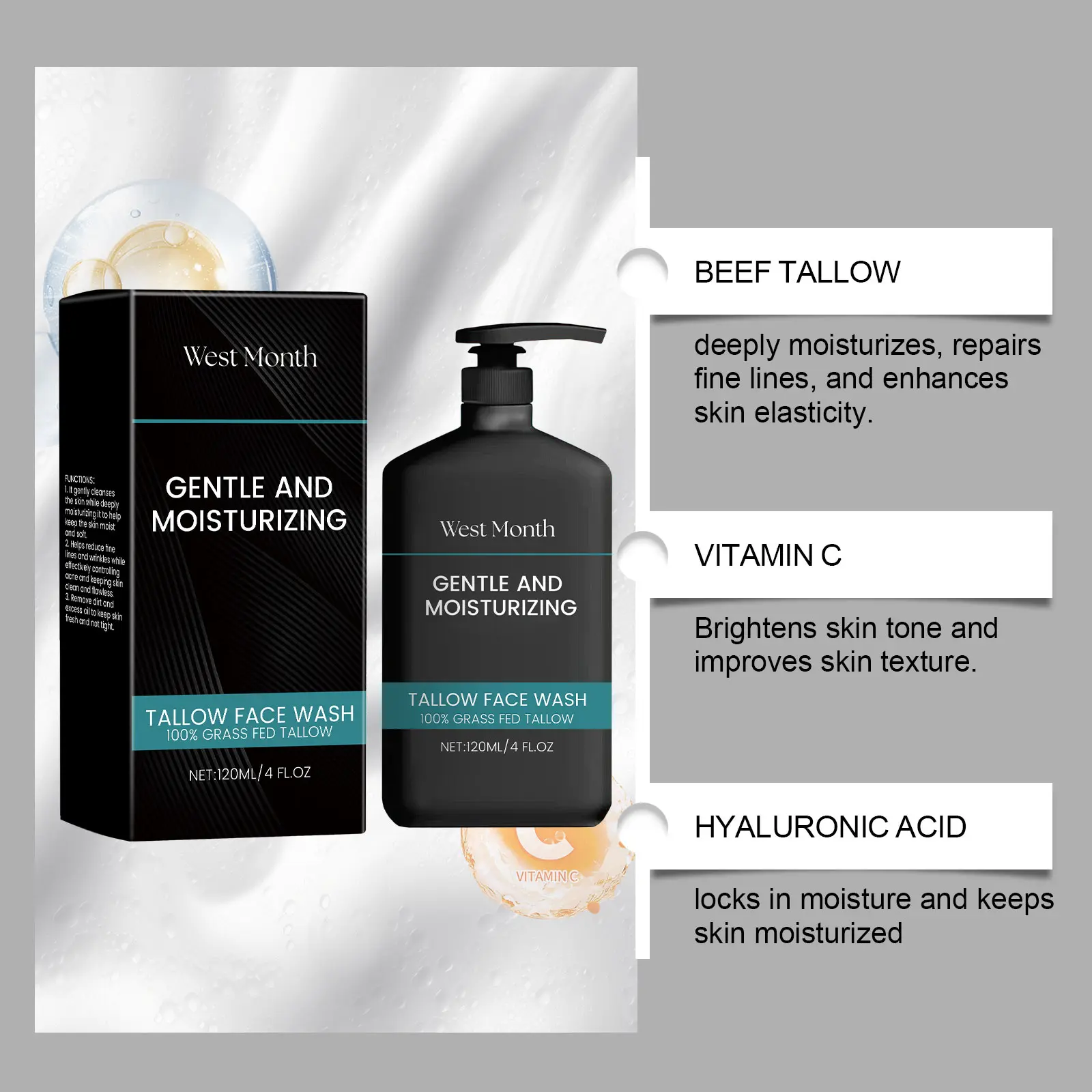 Men's Tallow Face Cleanser - Gentle Non-Drying Formula - West&Month 7 men's tallow cleanser gentle clean non tight West Month 558 8434
