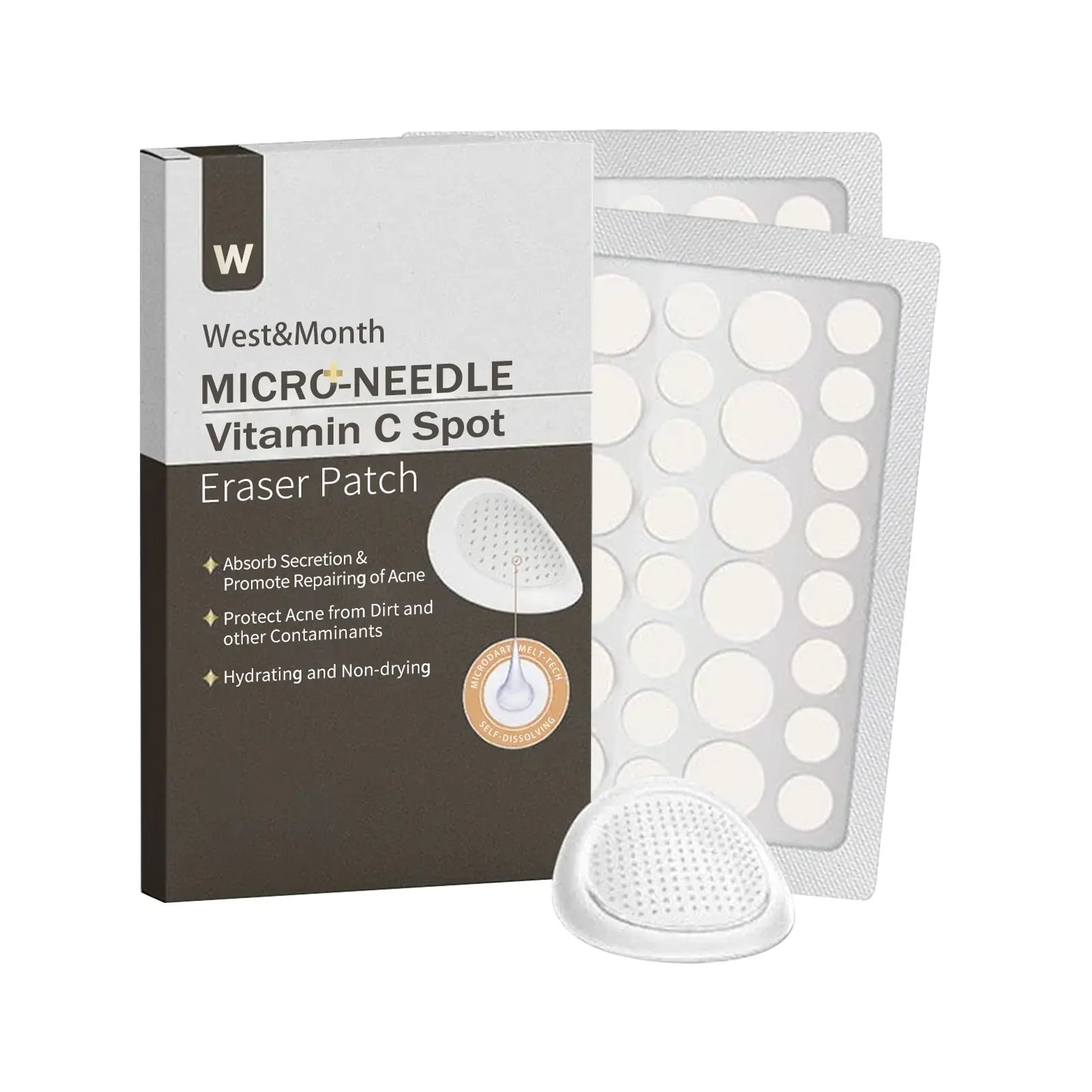West&Month Vitamin C Patch Review: Do Microneedle Patches Really Work? 1 West&Month Vitamin C Microneedle Patch box and single patch close-up