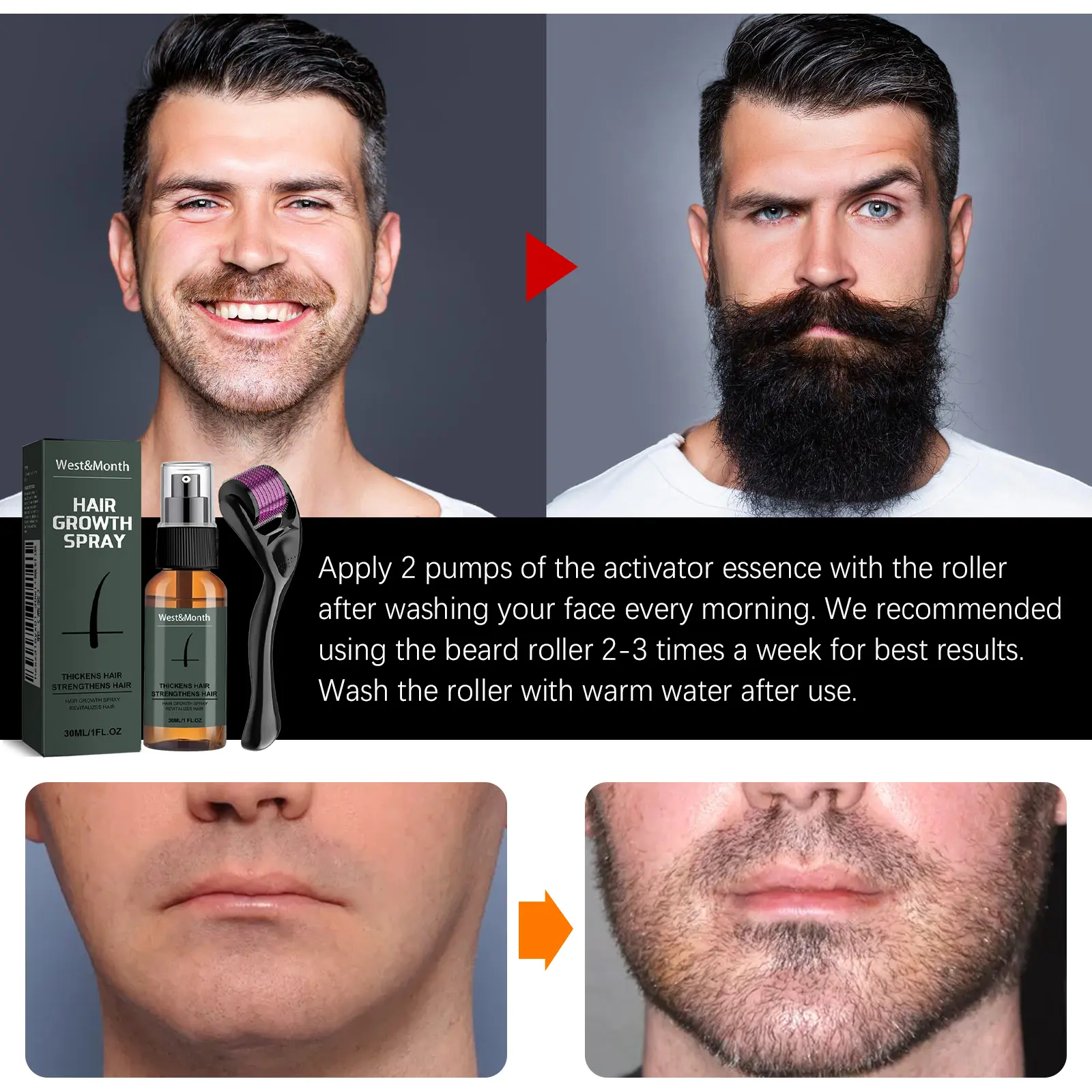 Beard and Moustache Spray Set with Ginseng & Ginger - West&Month 3 moustache spray set boost beard growth West Month 009 11386