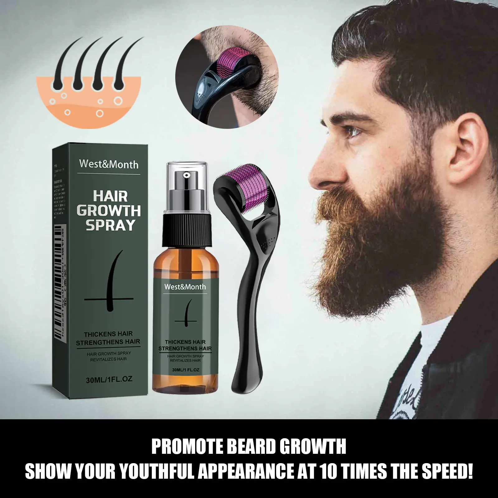 Beard and Moustache Spray Set with Ginseng & Ginger - West&Month 4 moustache spray set boost beard growth West Month 009 11387