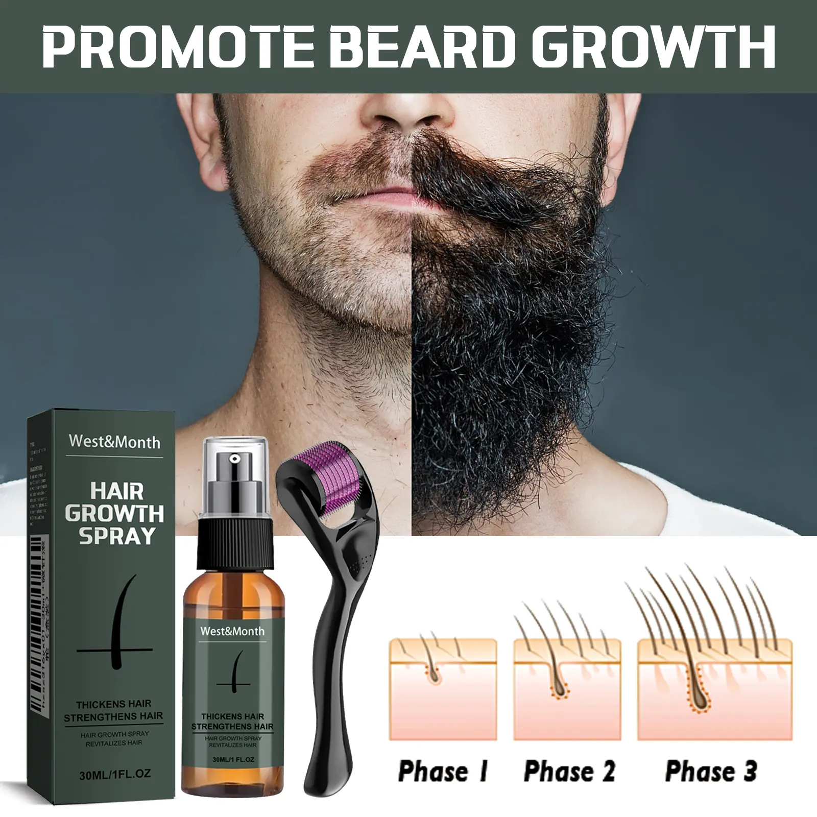 Beard and Moustache Spray Set with Ginseng & Ginger - West&Month 5 moustache spray set boost beard growth West Month 009 11388