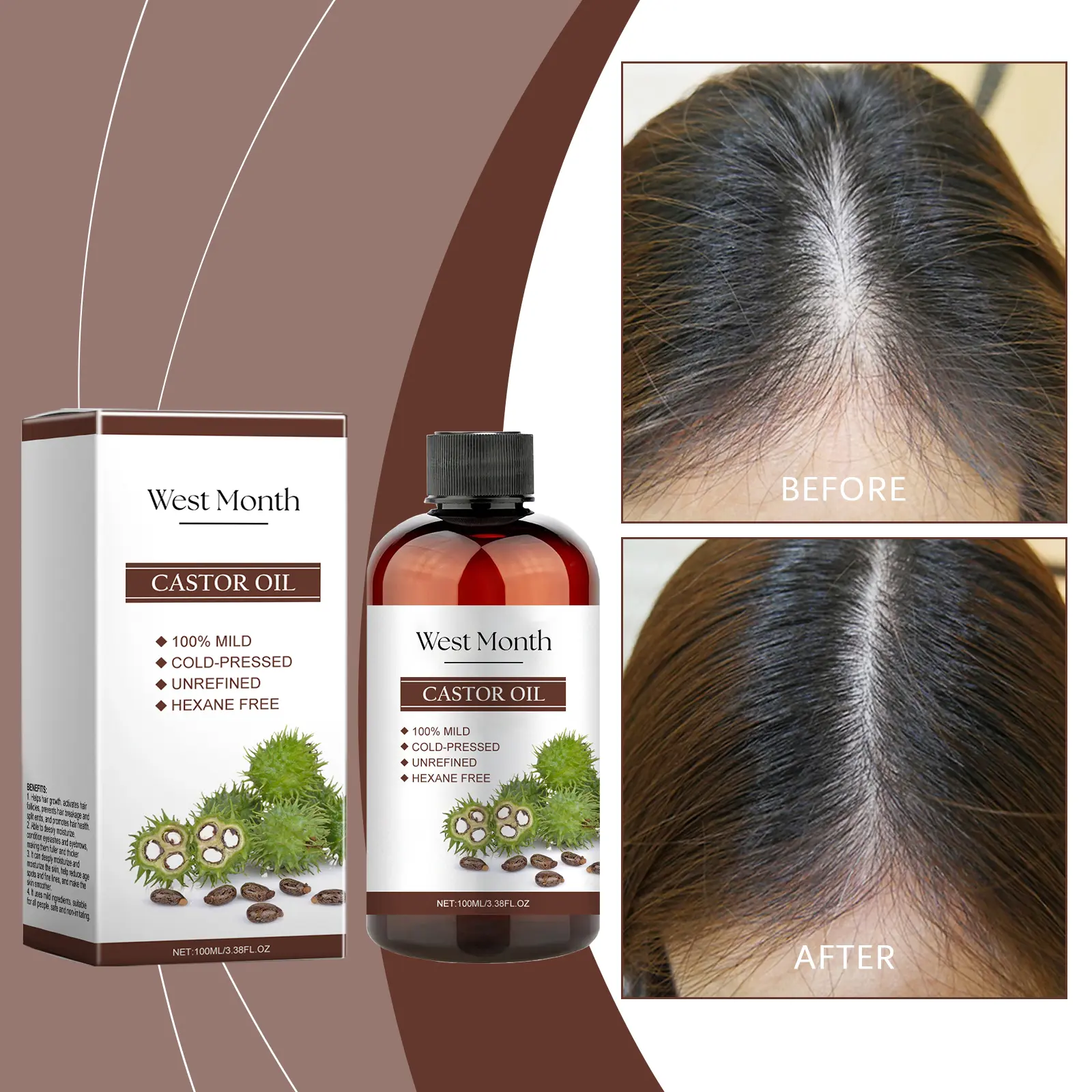 All-In-One Castor Oil for Skin, Eyelashes & Eyebrows - West&Month 2 multi effect castor oil moisturize eyelash eyebrow West Month 290 4767