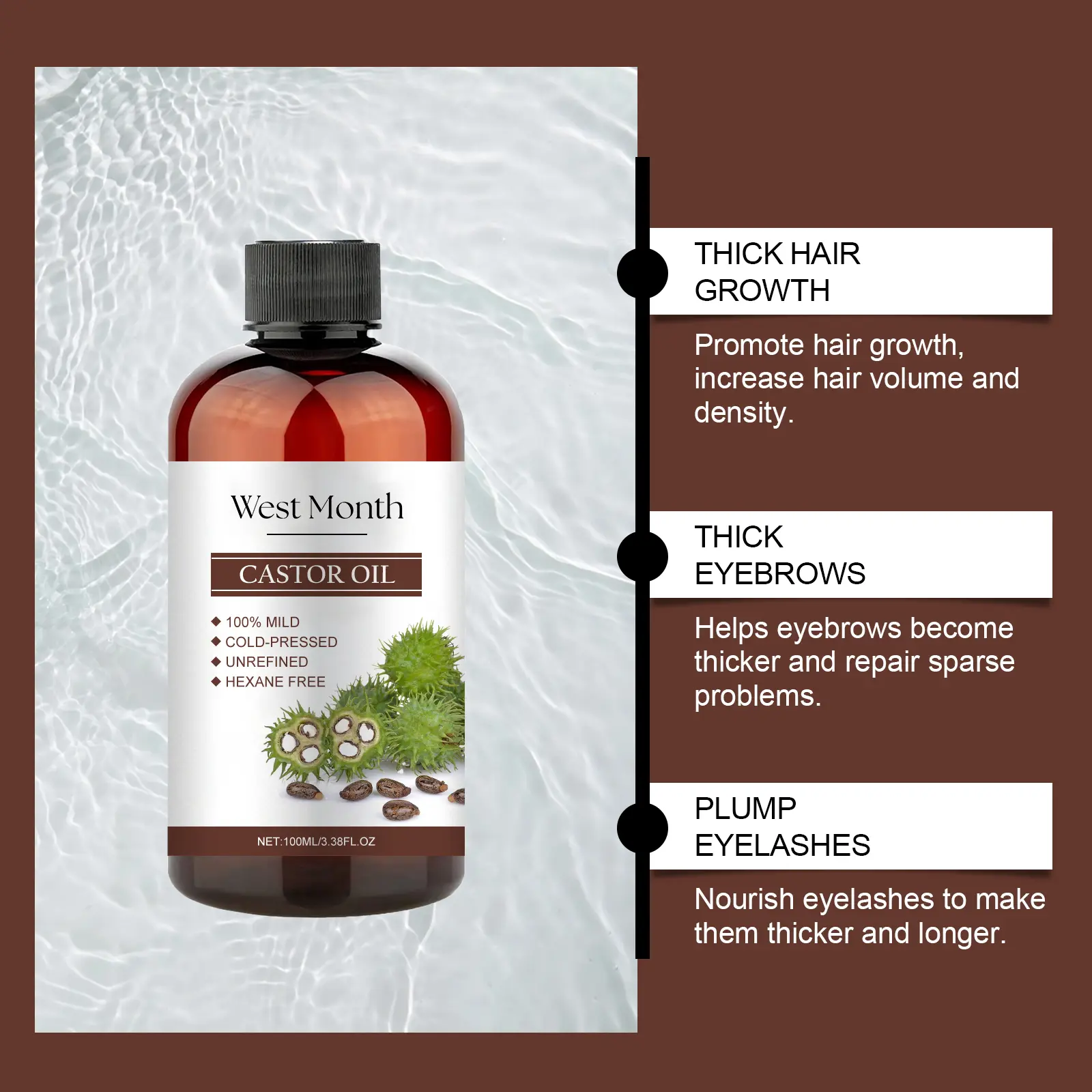 All-In-One Castor Oil for Skin, Eyelashes & Eyebrows - West&Month 8 multi effect castor oil moisturize eyelash eyebrow West Month 290 4773