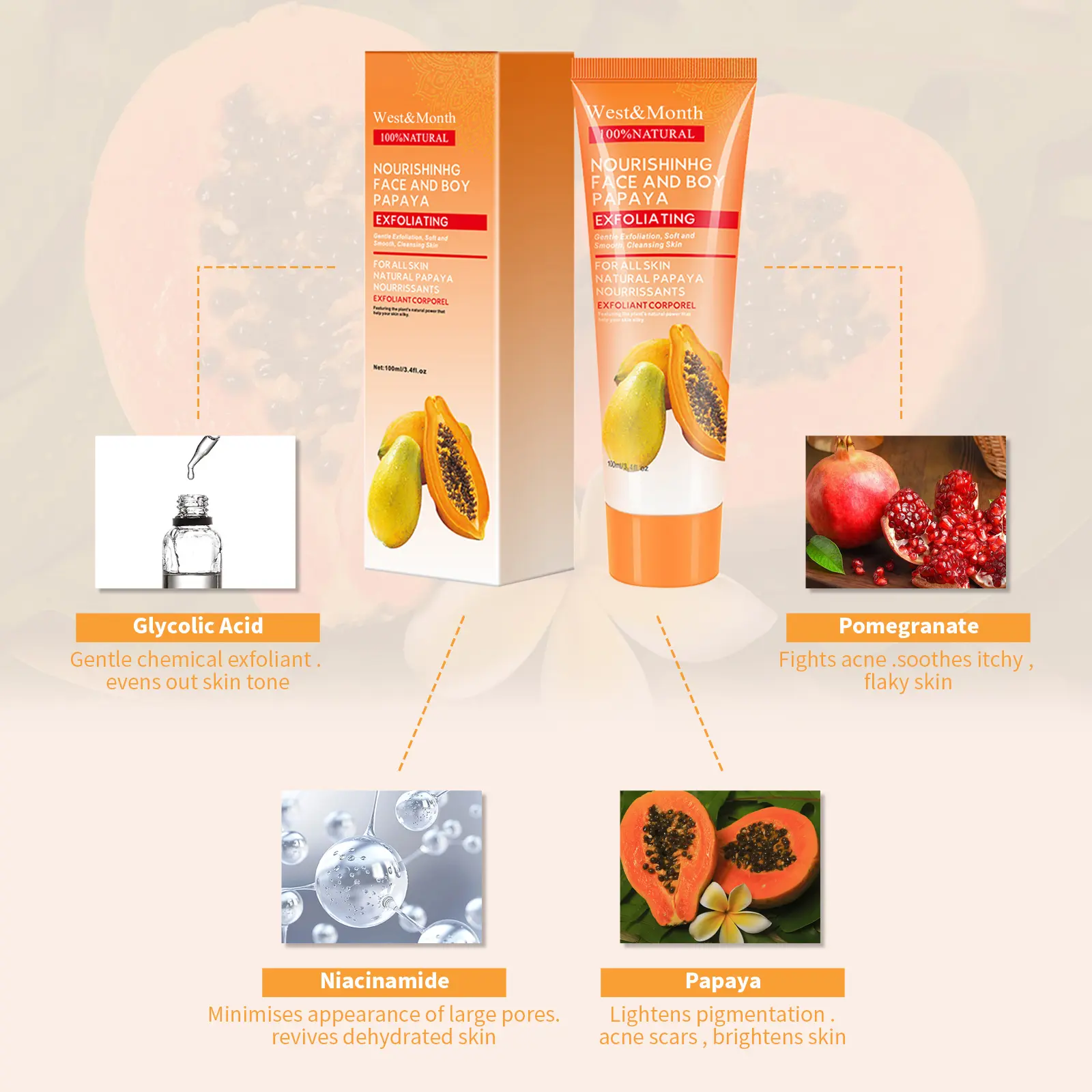 Papaya Exfoliating Gel Brightening & Moisturizing West&Month 2 papaya exfoliating gel moisturize clean keratin West Month 322 5159