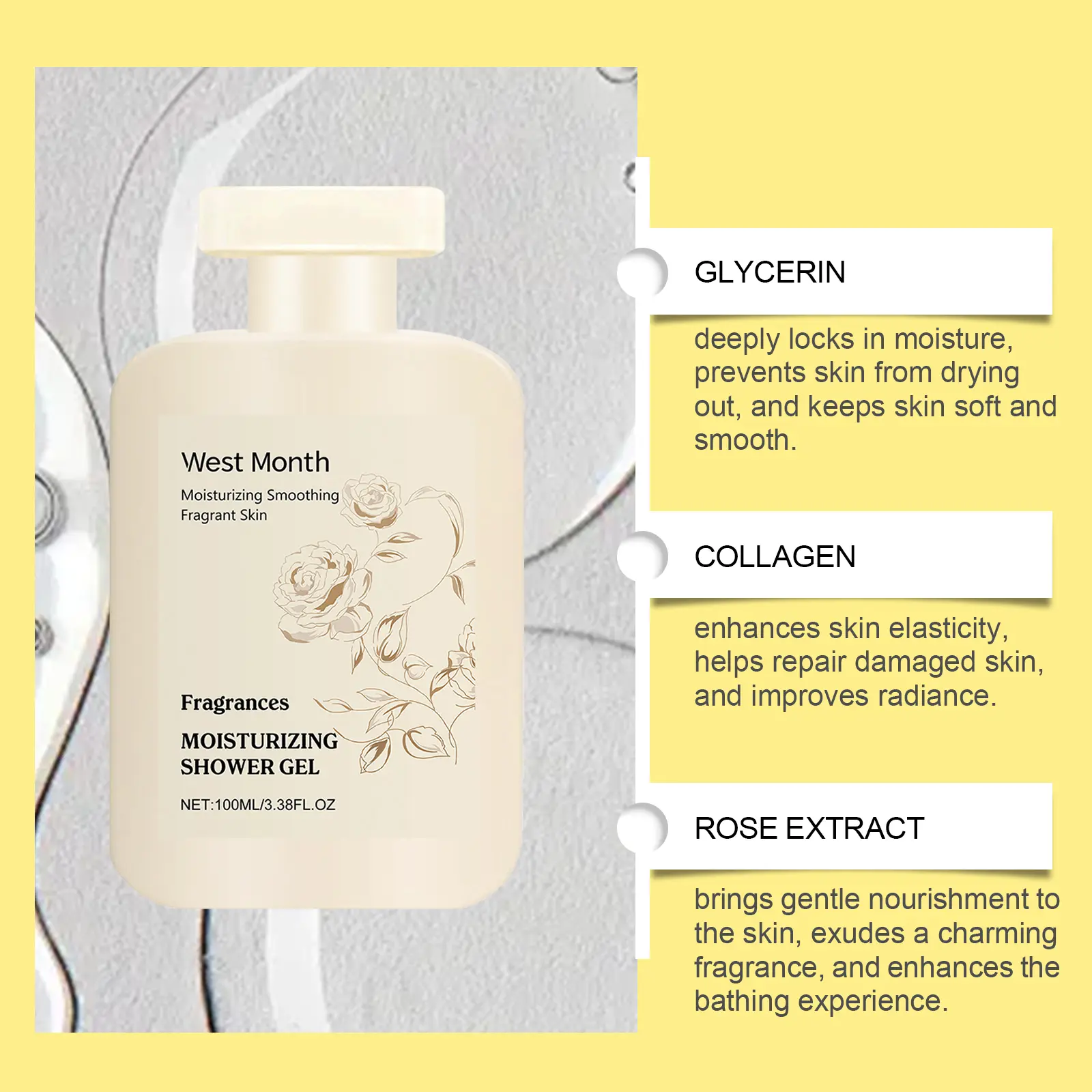 West&Month Moisturizing Body Wash with Collagen and Rose Extract 8 perfumed body wash gently clean soft fragrant West Month 663 9507