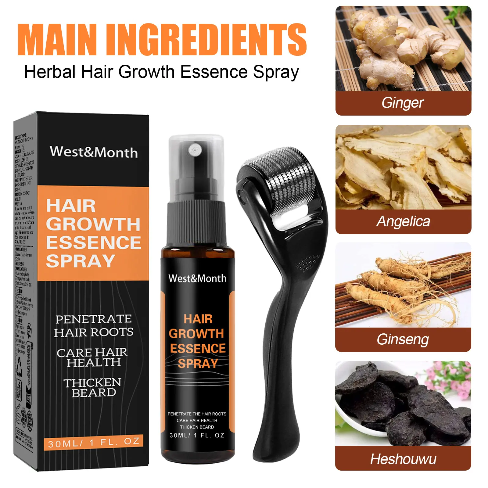 Hair Growth Spray for Thickening with Ginger & Fo-Ti - West&Month 3 polygonum multiflorum hair spray anti loss West Month 121 11398