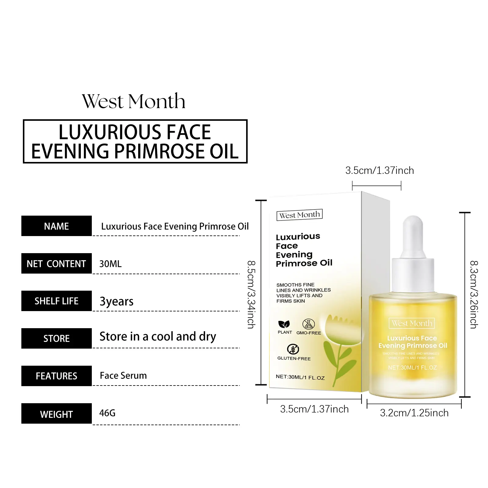 Evening Primrose Facial Oil for Anti-Wrinkle & Firming - West&Month 1 primrose oil moisturize anti wrinkle firm West Month 239 4121