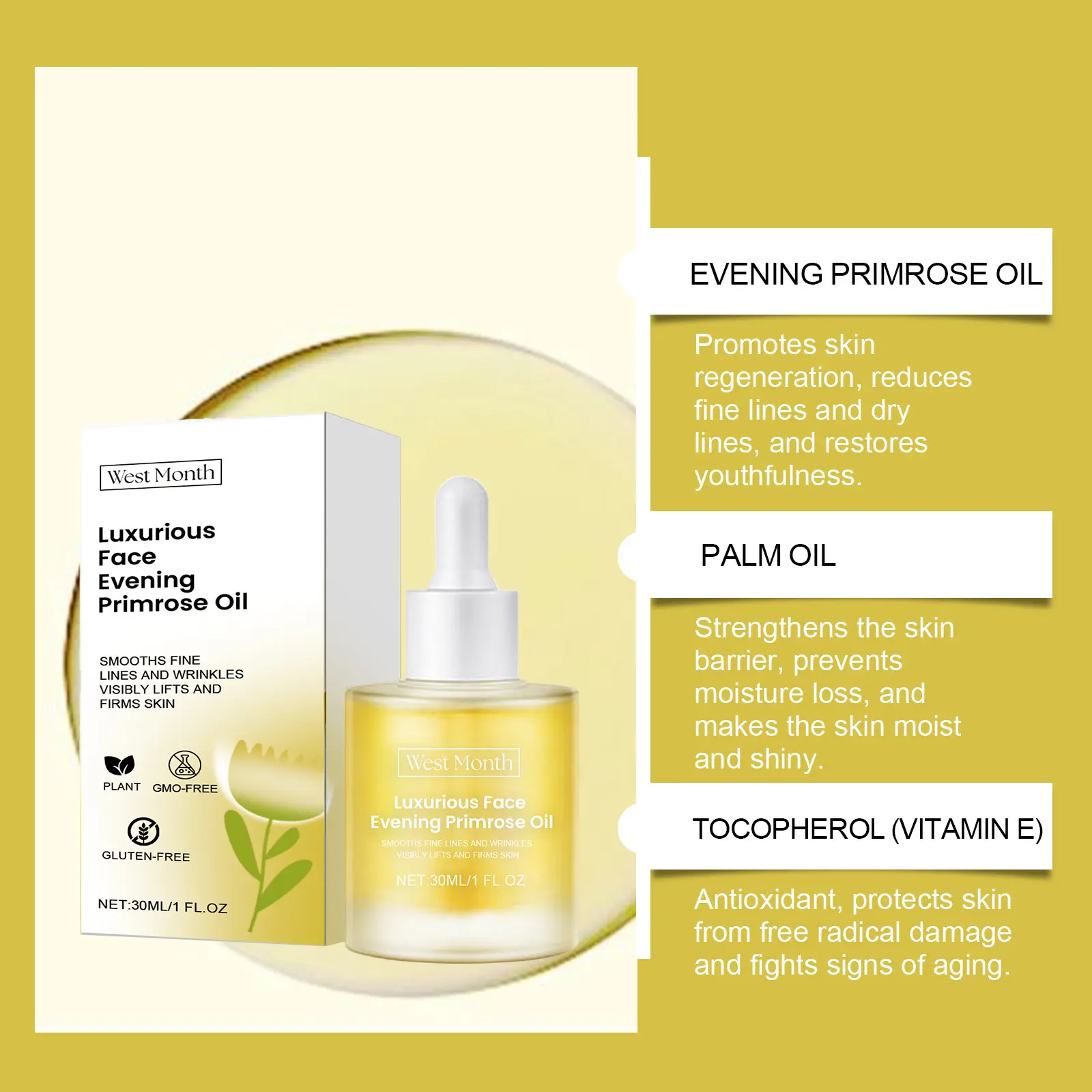 Evening Primrose Facial Oil for Anti-Wrinkle & Firming - West&Month 8 primrose oil moisturize anti wrinkle firm West Month 239 4128