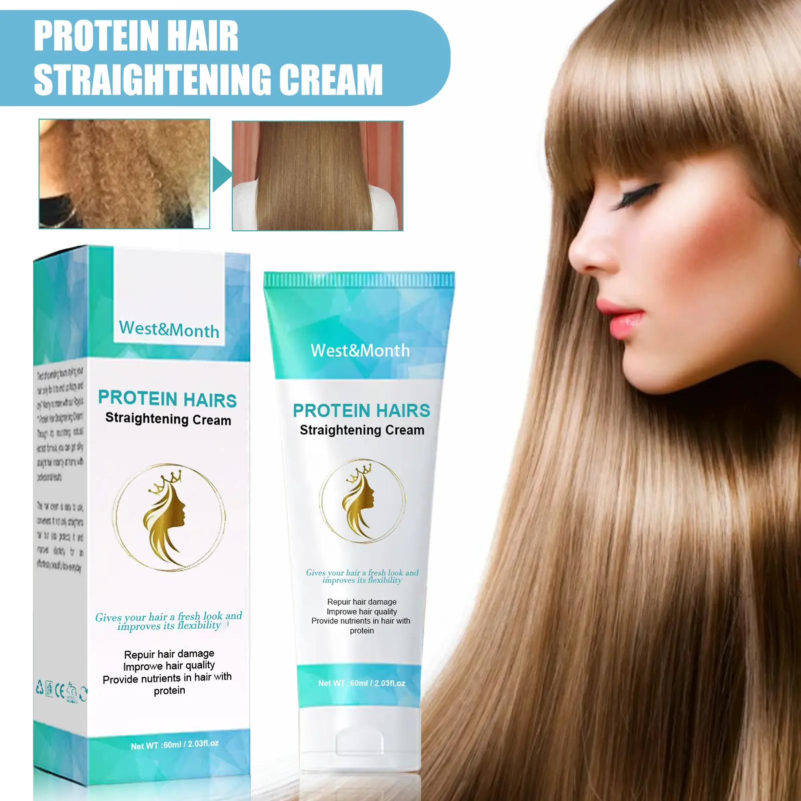 Protein Hair Styling Cream for Repair and Softening - West&Month 2 protein straightening cream long lasting repair damage West Month 442 6816