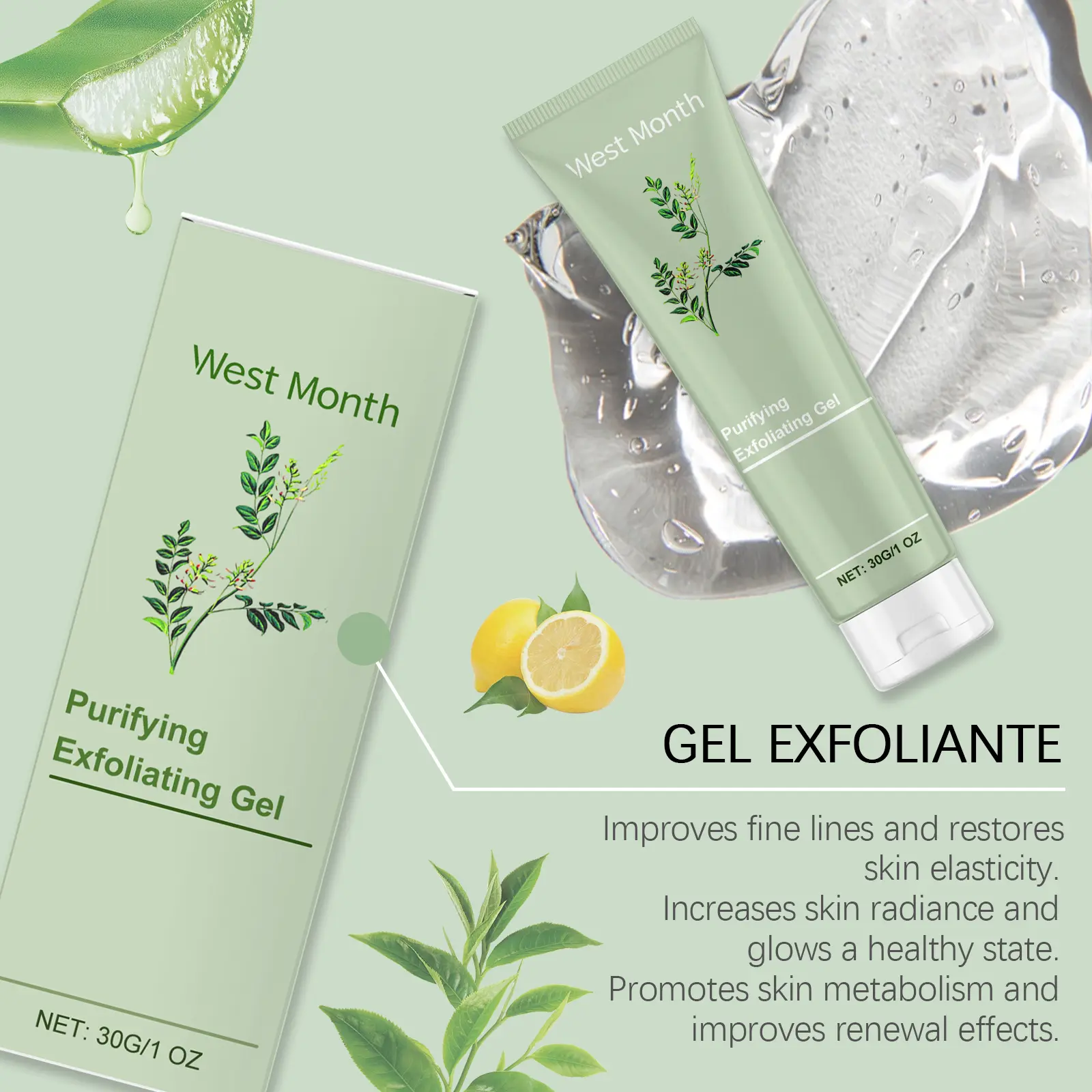 Purifying Exfoliating Gel for Dry Skin and Pores - West&Month 6 purifying exfoliating gel improve dull clean pores West Month 167 3198