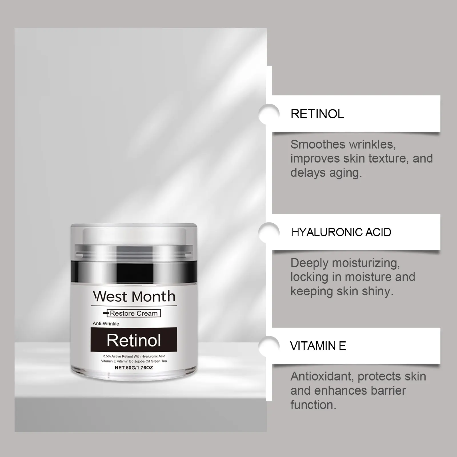 Retinol Cream for Fine Lines & Hydrating Skin - West&Month 5 retinol skin cream lighten lines hydrate nourish West Month 567 8522