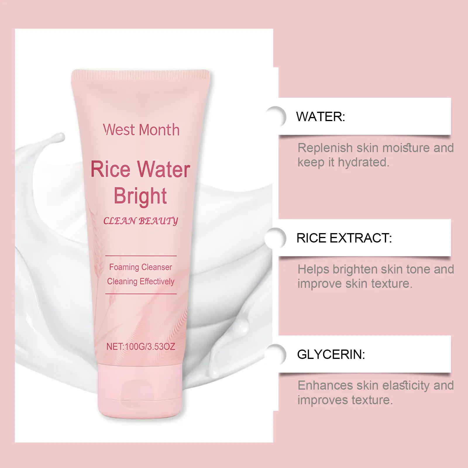 Rice Cleanser Face Wash for Moisturizing & Glowing Skin - West&Month 8 rice cleanser moisturize clean brighten West Month 123 2648