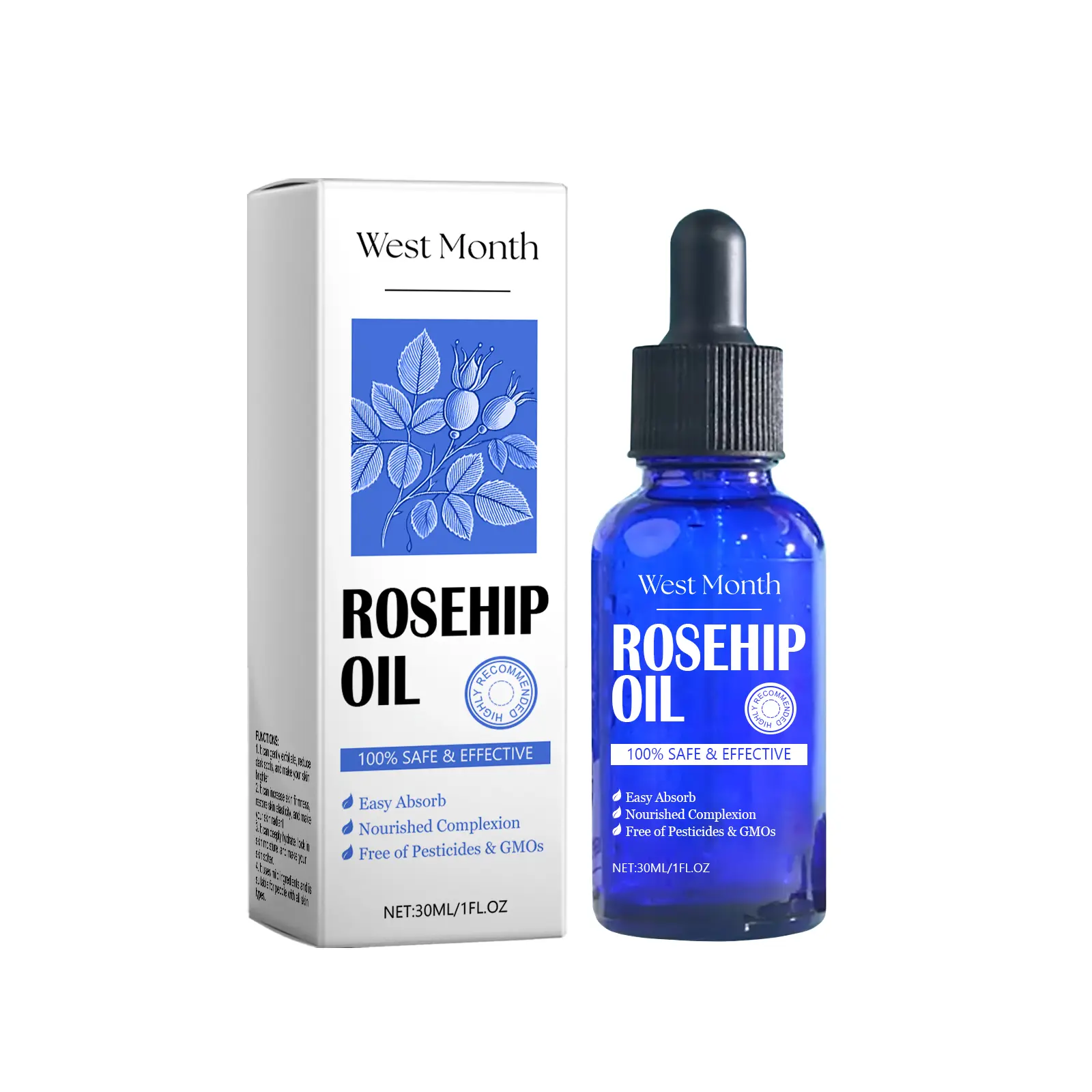 West&Month Rosehip Facial Oil - Moisturizing, Firming & Brightening - Review 1 West&Month Rosehip Facial Oil bottle with amber glass and dropper