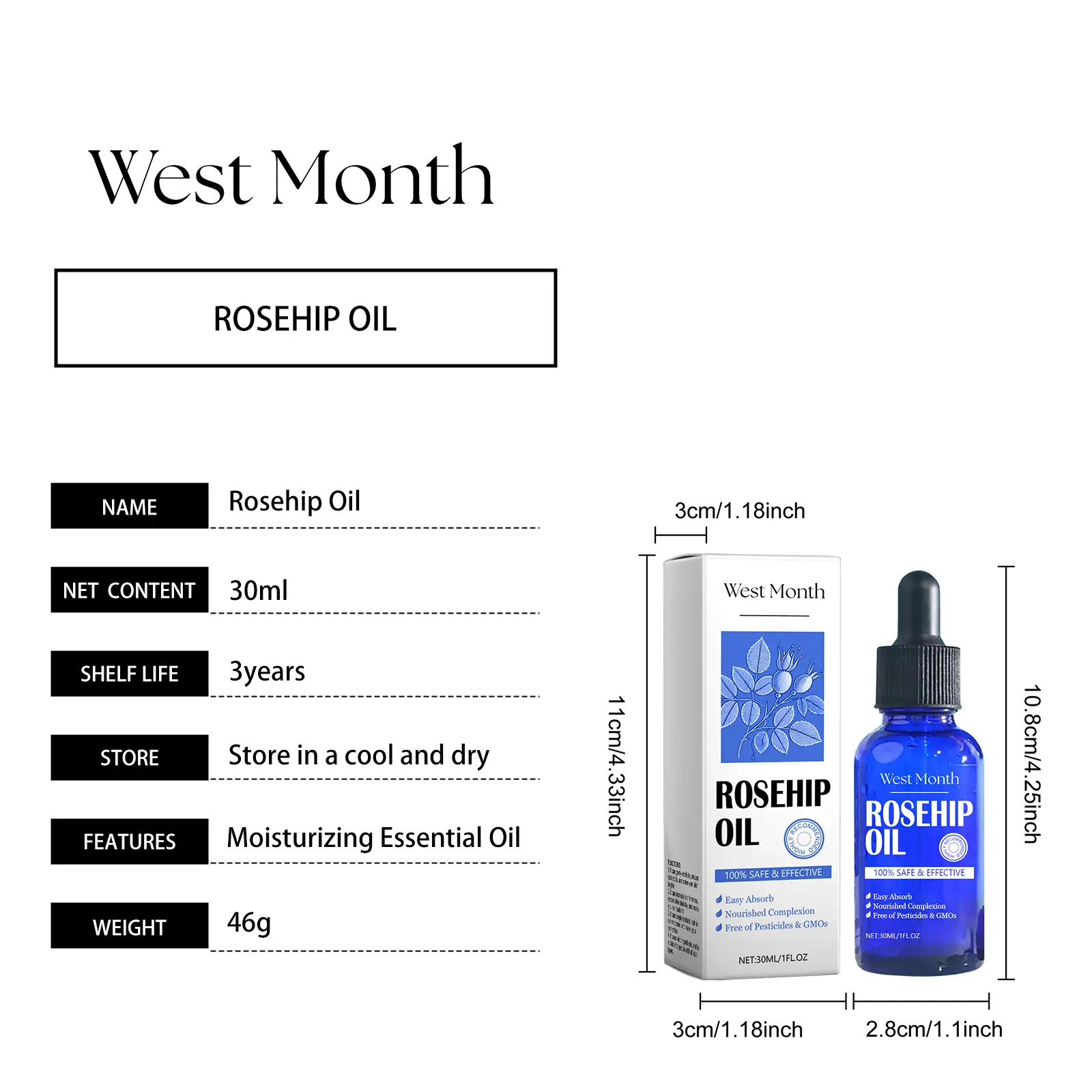 Rosehip Facial Oil for Moisturizing & Brightening - West&Month 1 rose hip oil facial moisturize firm tender West Month 526 8031