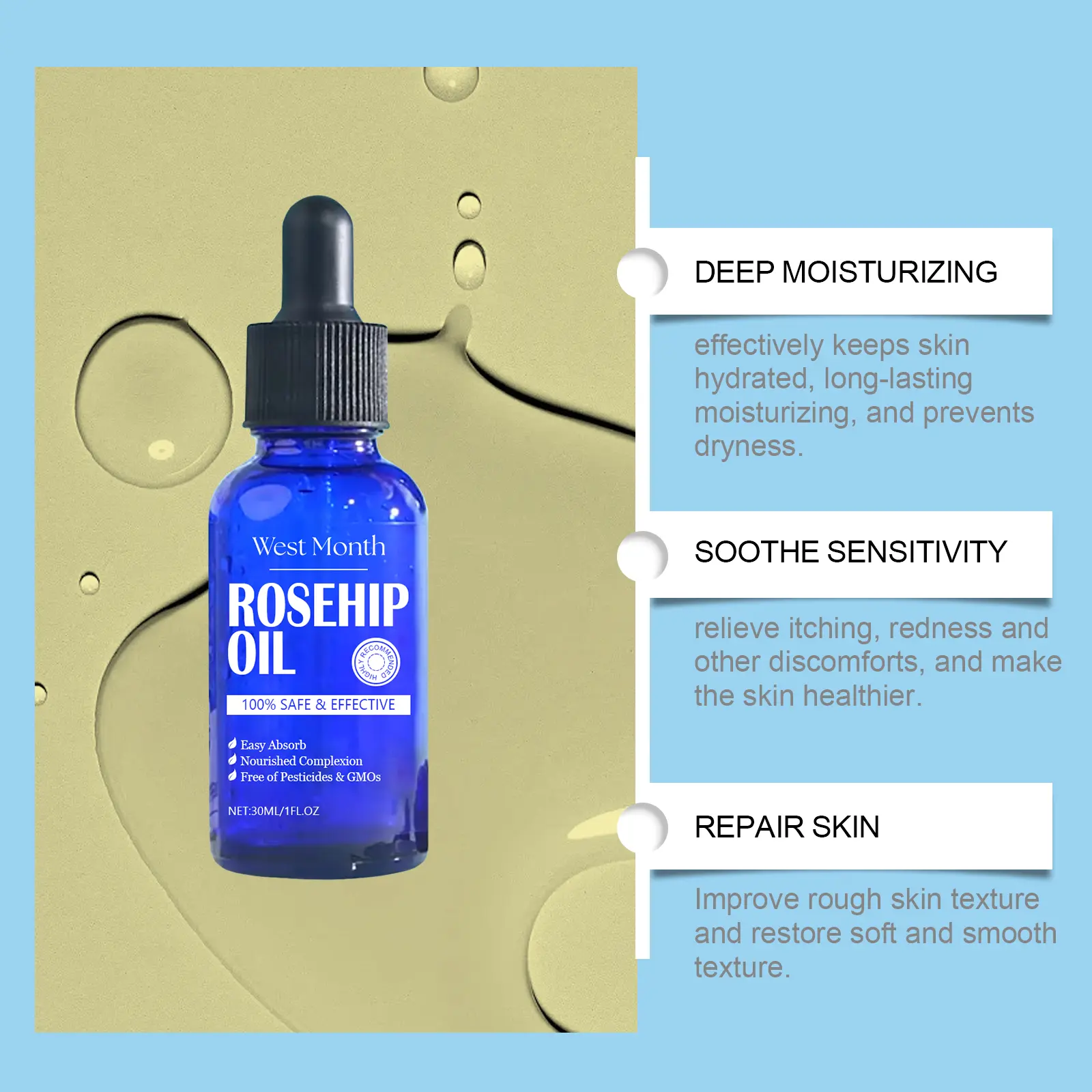 Rosehip Facial Oil for Moisturizing & Brightening - West&Month 8 rose hip oil facial moisturize firm tender West Month 526 8038