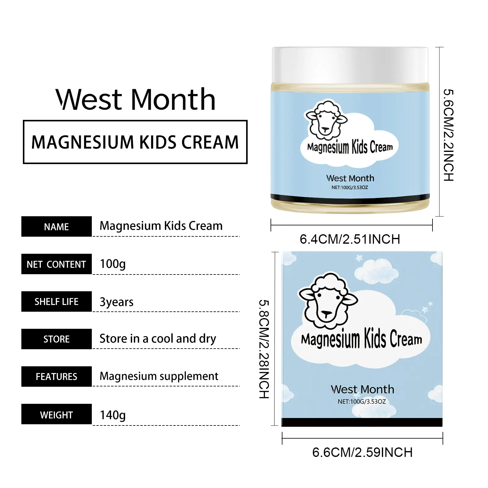 Kids Magnesium Body Cream Moisturizing & Refreshing Formula - West&Month 1 sheep magnesium cream kids sleep moisturizing West Month 085 2167