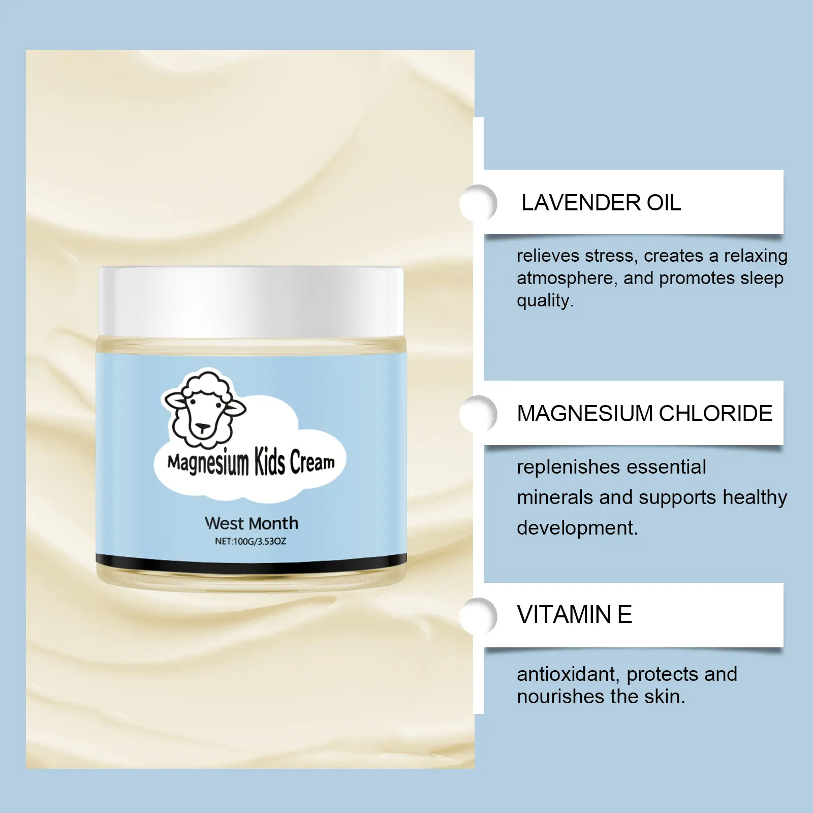 Kids Magnesium Body Cream Moisturizing & Refreshing Formula - West&Month 6 sheep magnesium cream kids sleep moisturizing West Month 085 2168