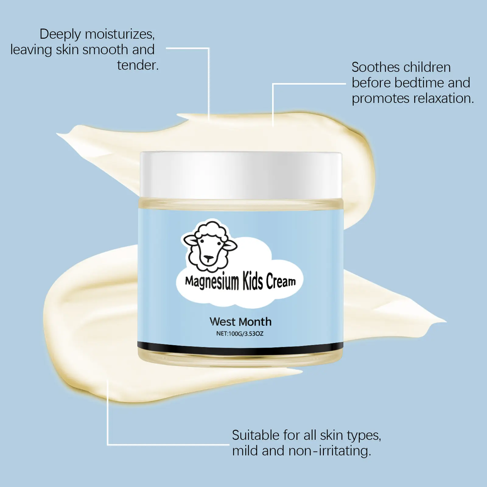 Kids Magnesium Body Cream Moisturizing & Refreshing Formula - West&Month 8 sheep magnesium cream kids sleep moisturizing West Month 085 2170