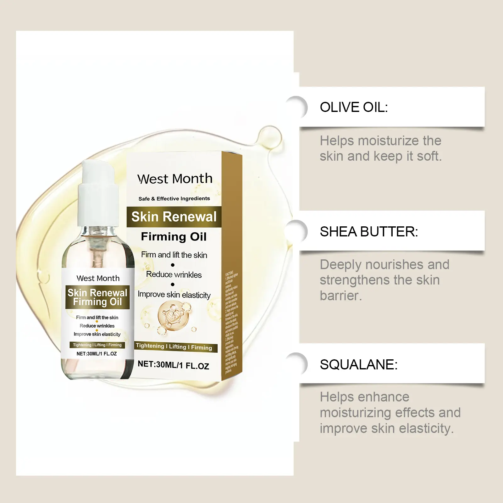 Firming Moisturizing Body Oil for Skin Elasticity - West&Month 6 skin care oil firm moisturize daily massage West Month 650 9408