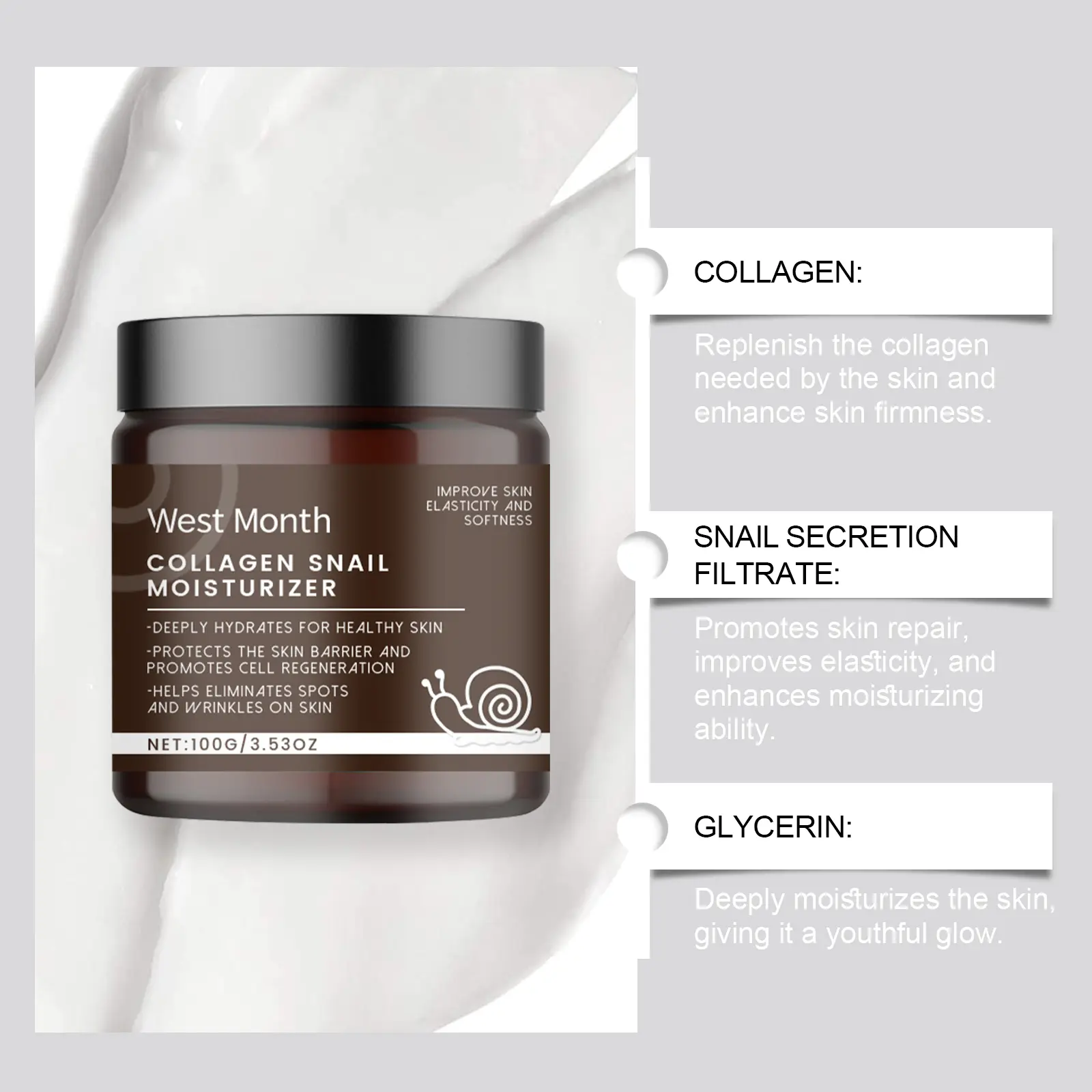 Snail Moisturizing Face Cream for Soft & Smooth Skin - West&Month 8 snail moisturizing cream nourish soft smooth West Month 534 8158