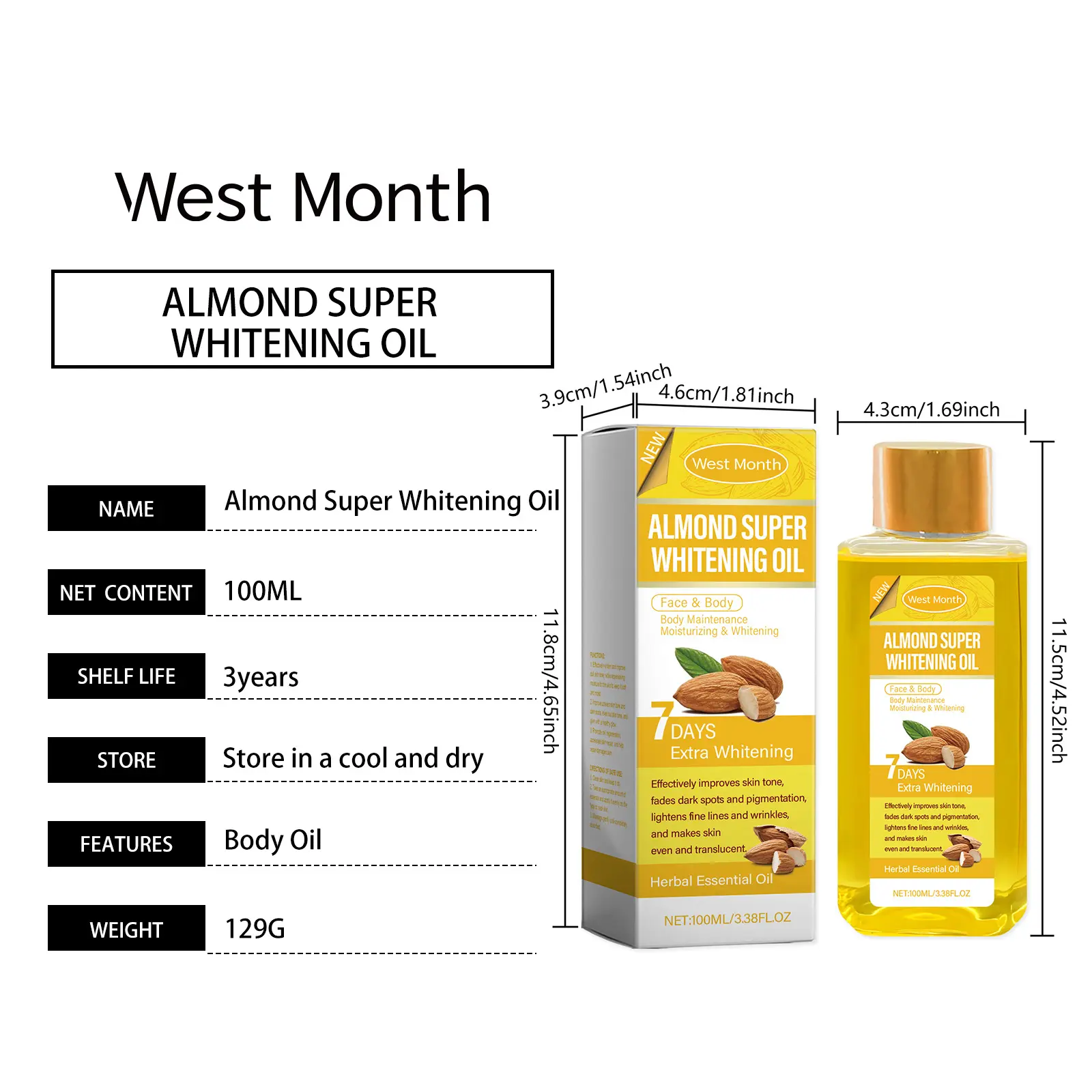 Sweet Almond Body Oil for Skin Brightening and Moisture - West&Month 1 sweet almond body oil brightening moisturizing West Month 061 1872