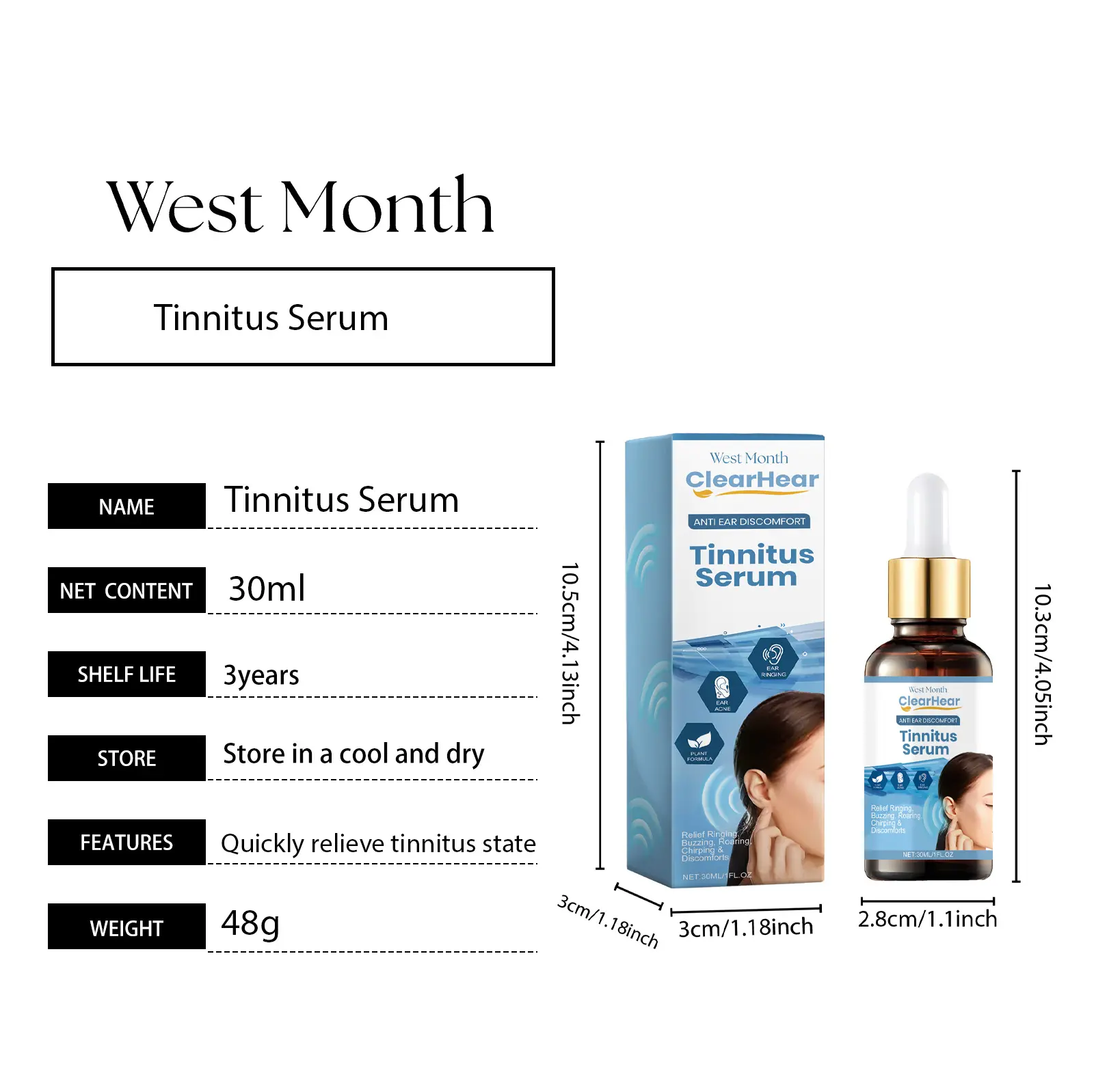 Tinnitus Serum Drops for Ear Itching and Acne - West&Month 1 tinnitus serum cochlear care repair itching West Month 115 2560