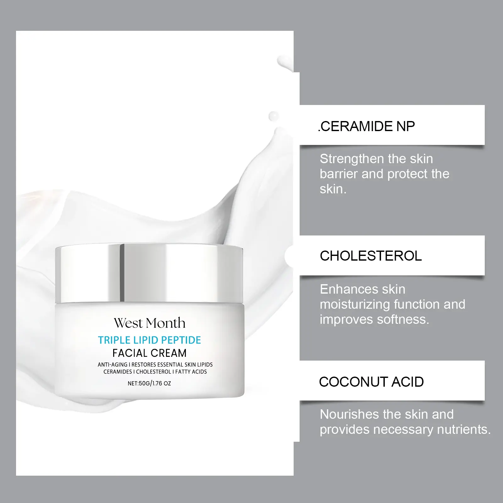 Triple Peptide Face Cream Firming & Hydrating - West&Month 8 triple peptide cream moisturize firm hydrate refresh West Month 462 7094