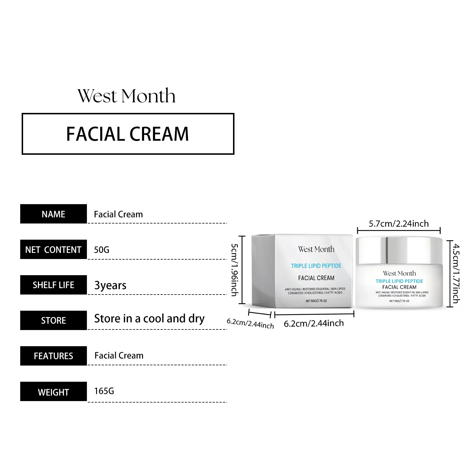 Triple Peptide Face Cream Firming & Hydrating - West&Month 1 triple peptide cream moisturize firm hydrate refresh West Month 462 7098