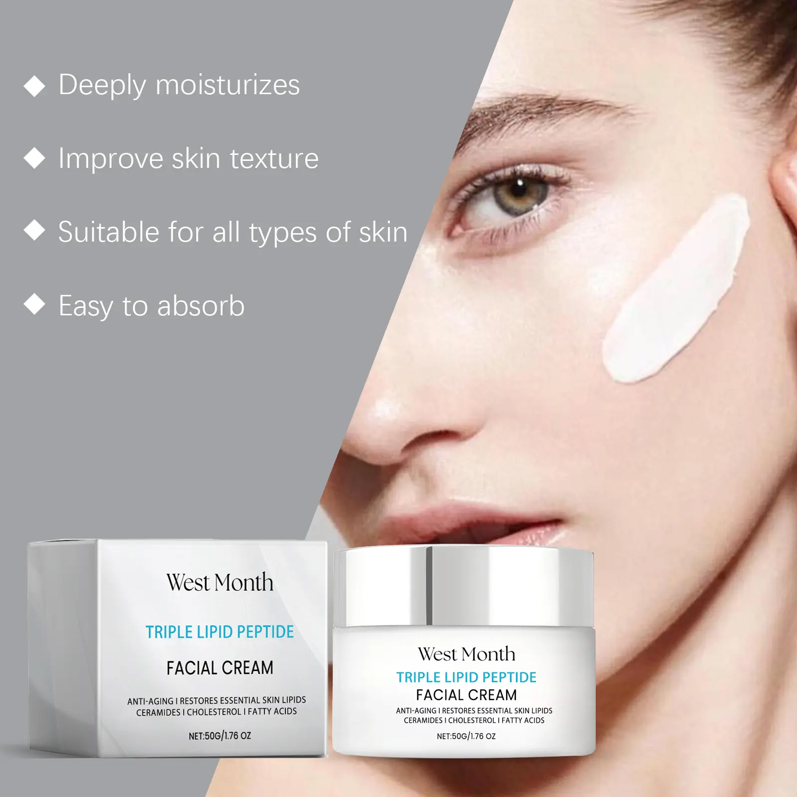 Triple Peptide Face Cream Firming & Hydrating - West&Month 5 triple peptide cream moisturize firm hydrate refresh West Month 462 7099