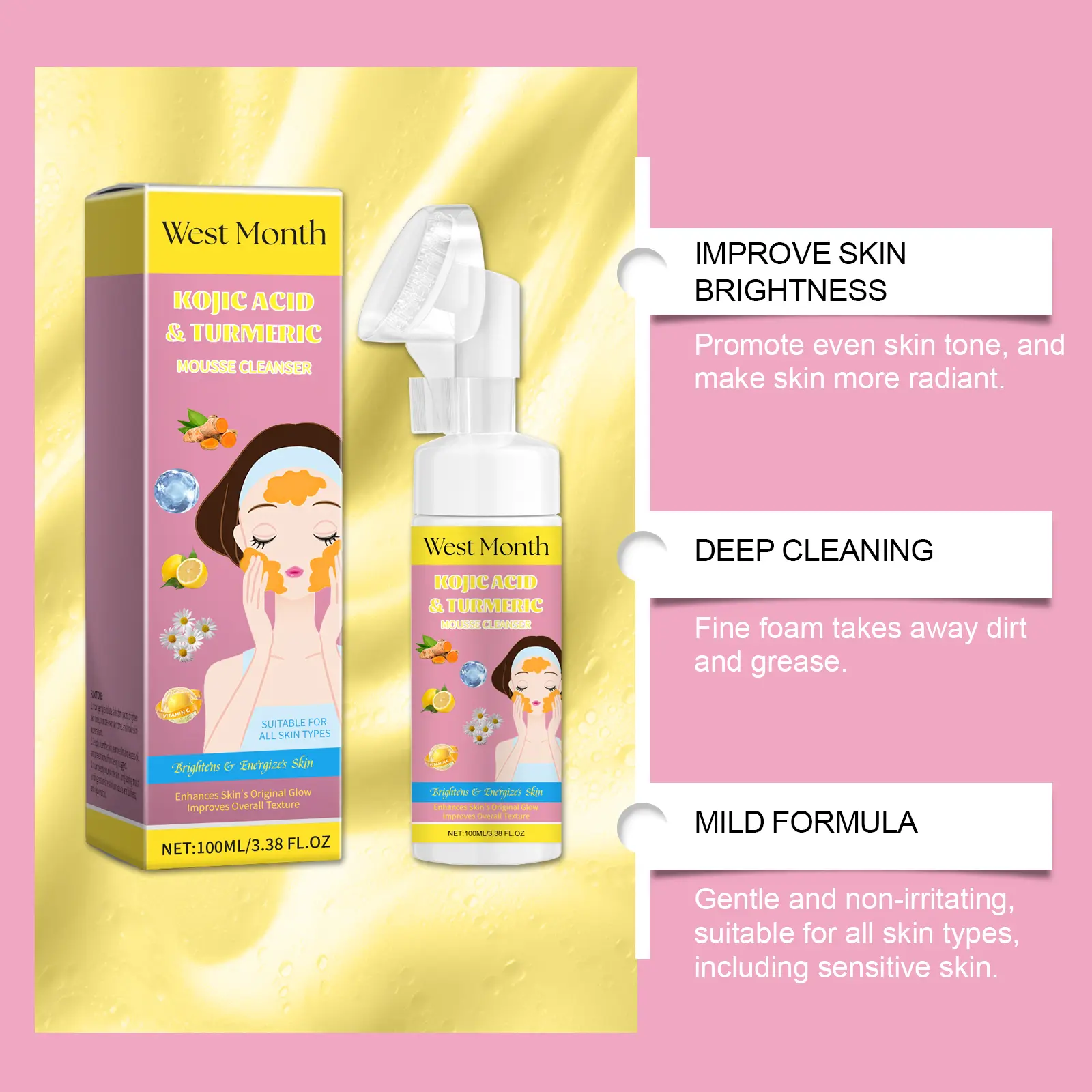 Turmeric Acid Face Cleanser Brightening Foaming Wash - West&Month 5 turmeric acid cleanser soft moisturize gentle West Month 478 7334