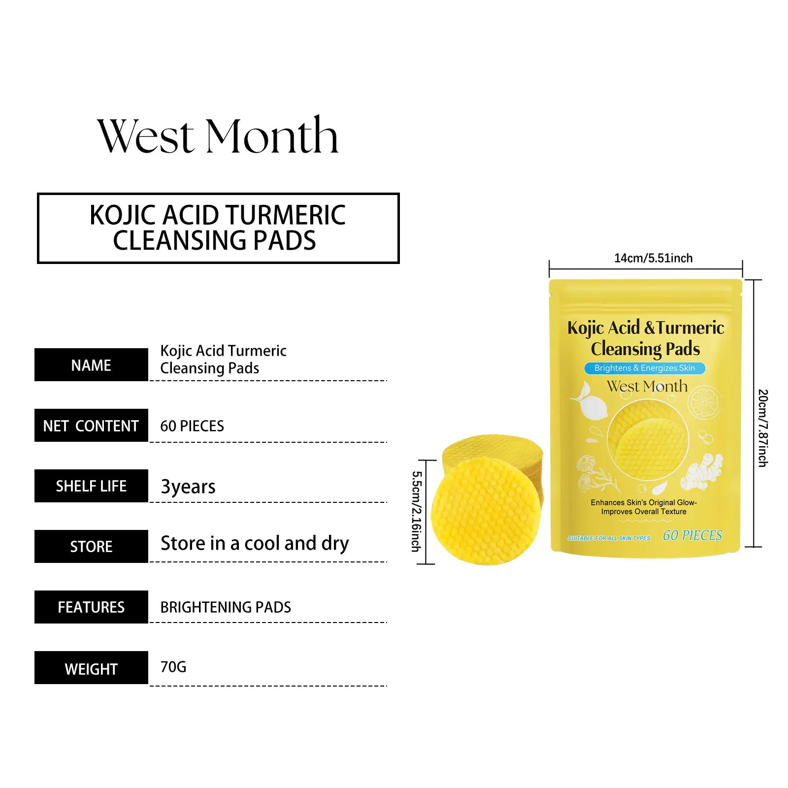 Turmeric Acid Cleansing Pad for Brightening & Moisturizing - West&Month 1 turmeric acid pad brighten clean moisturize West Month 189 3482