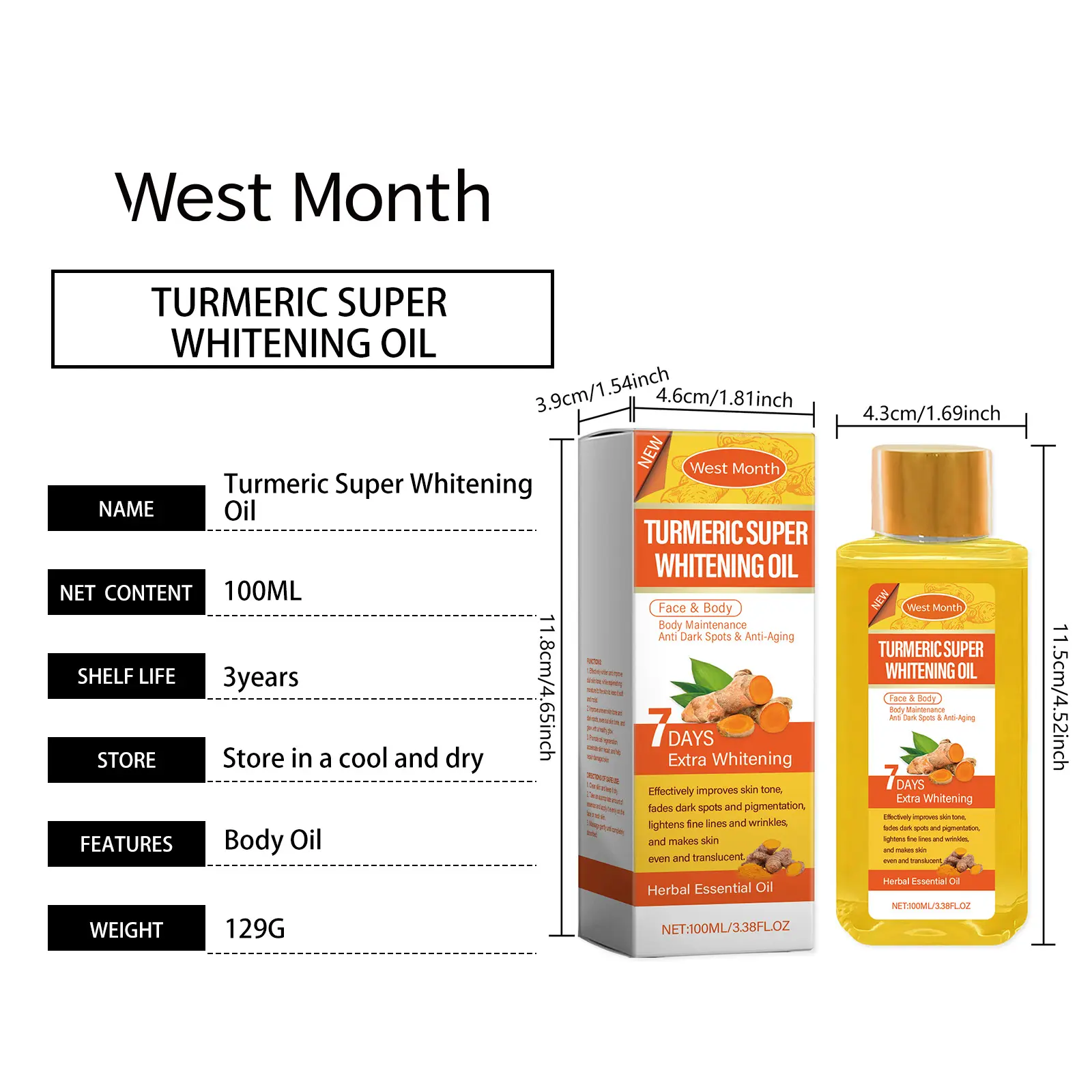Turmeric Body Brightening Oil with Vitamin C & Hyaluronic Acid - West&Month 1 turmeric body whitening oil moisturizing West Month 013 1270