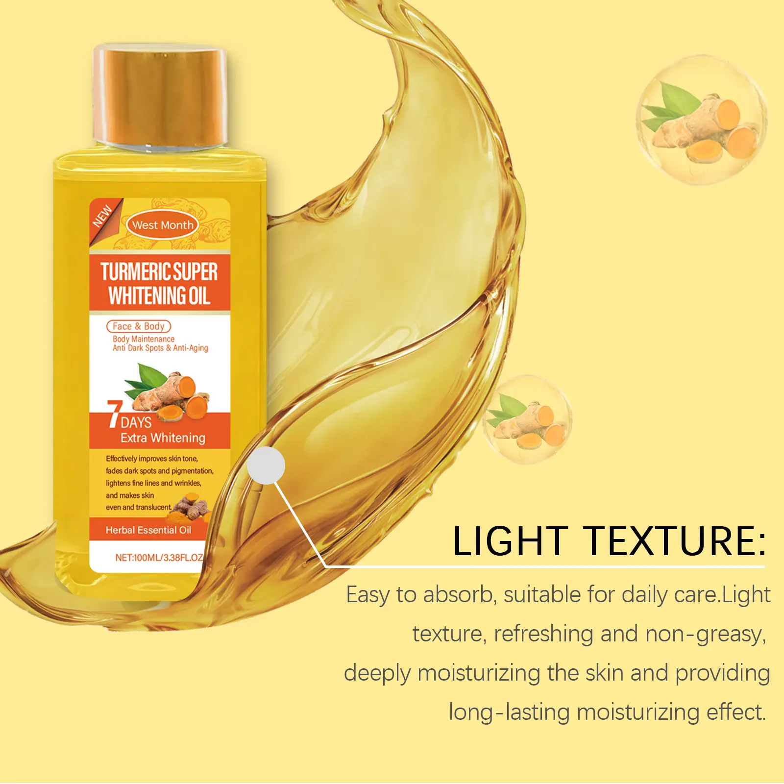Turmeric Body Brightening Oil with Vitamin C & Hyaluronic Acid - West&Month 7 turmeric body whitening oil moisturizing West Month 013 1272