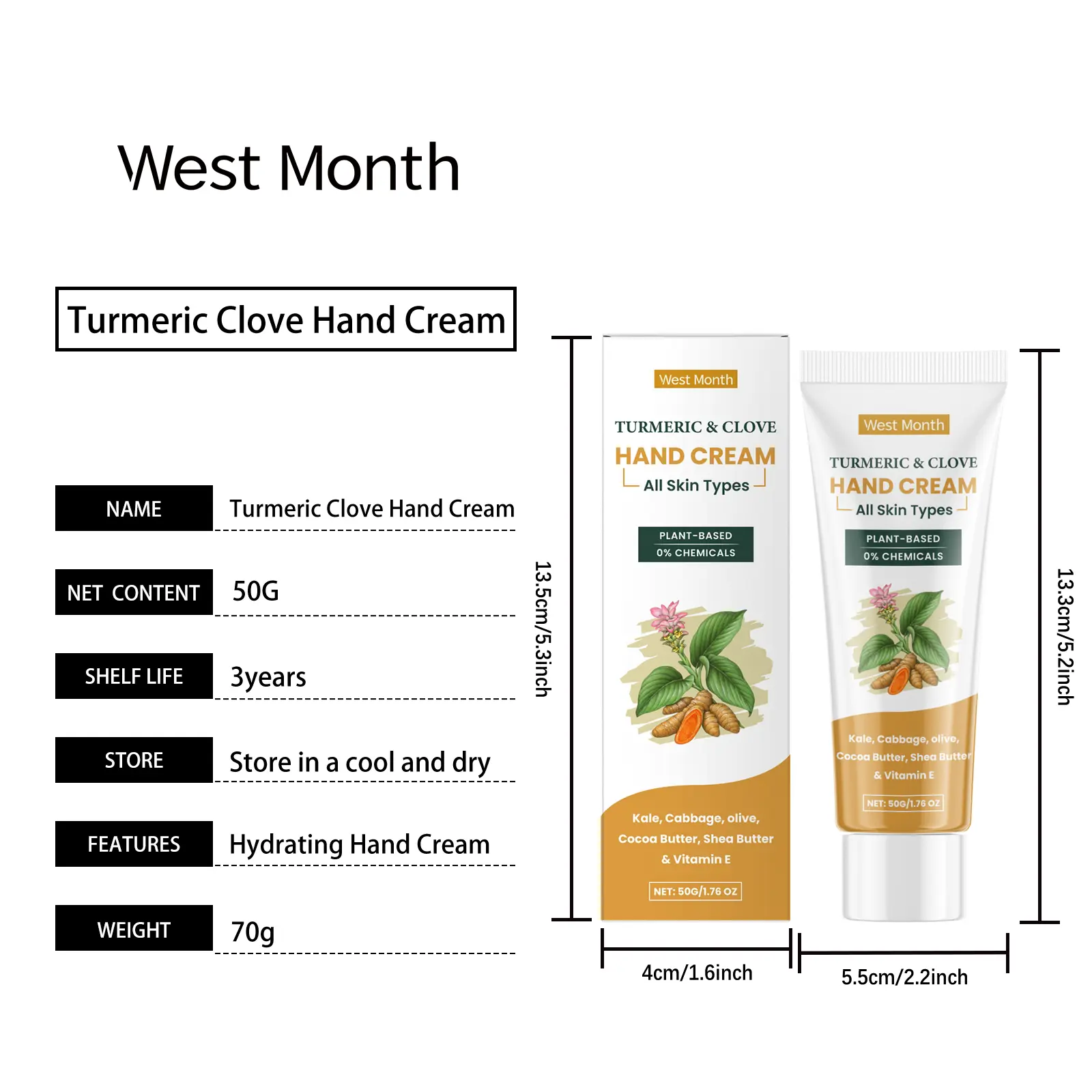 Turmeric Clove Oil Hand Cream Moisturizing & Hydrating West&Month 1 turmeric clove hand cream moisturize hydrate dry West Month 155 3055