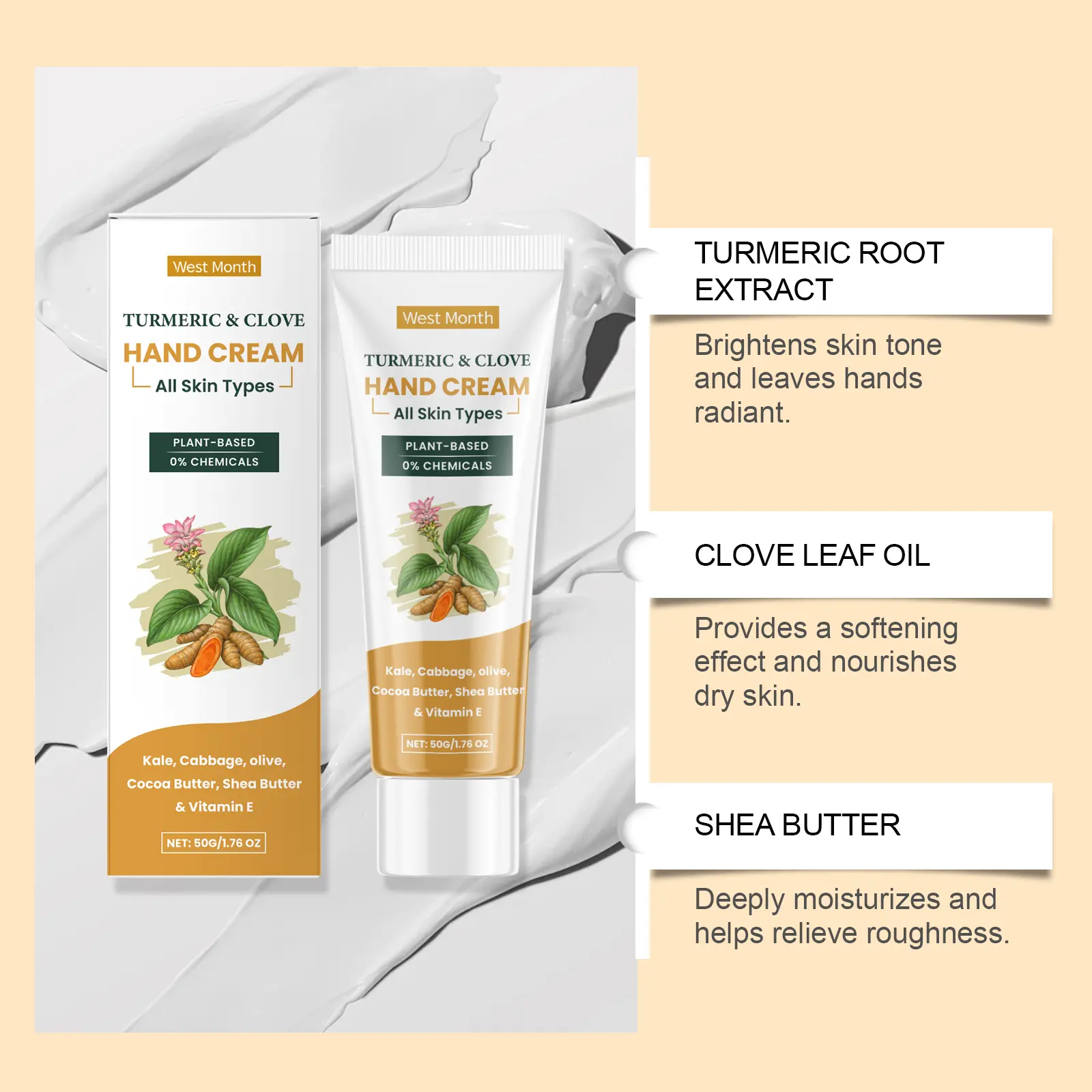 Turmeric Clove Oil Hand Cream Moisturizing & Hydrating West&Month 6 turmeric clove hand cream moisturize hydrate dry West Month 155 3057
