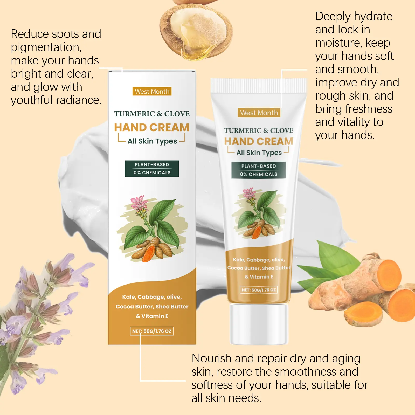 Turmeric Clove Oil Hand Cream Moisturizing & Hydrating West&Month 7 turmeric clove hand cream moisturize hydrate dry West Month 155 3058
