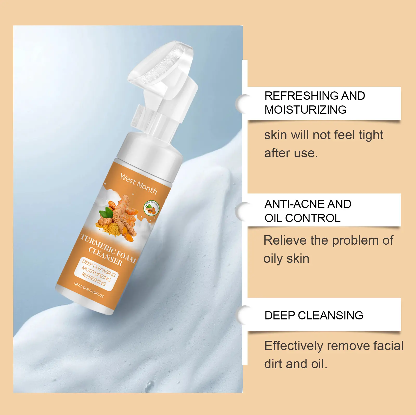 Turmeric Foam Cleanser for Deep Pore Cleansing and Moisturizing - West&Month 5 turmeric foam cleanser gentle clean moisturize West Month 263 4407