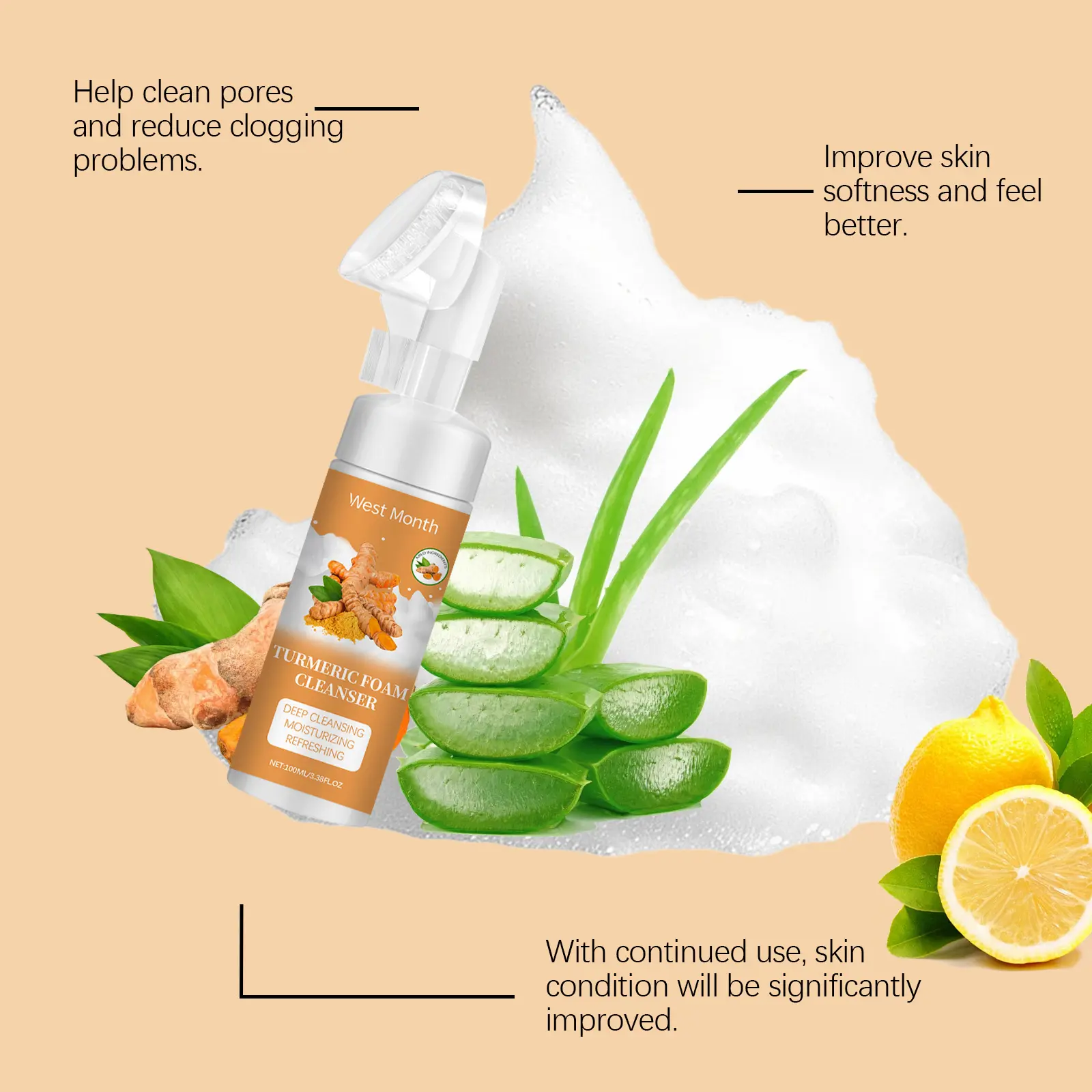 Turmeric Foam Cleanser for Deep Pore Cleansing and Moisturizing - West&Month 6 turmeric foam cleanser gentle clean moisturize West Month 263 4408